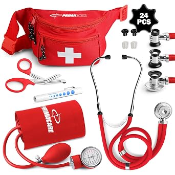 طقم ضغط الدم Primacare CSKB-9181-RD مع سماعة Sprague Rappaport Stethoscope ، Professional Series Fanny Pack Combo ، Red Pack of 24