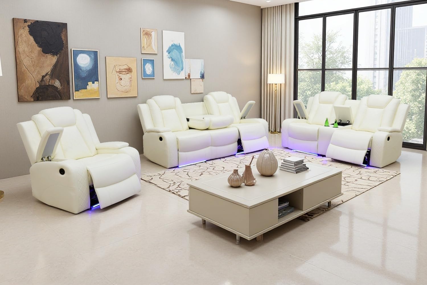 A Ainehome 3 Pieces Living Room Furniture Sets Power Recliner Sectional Sofa Reclining Couch Set Recliner Leather Sofa and Couches Set Loveseat Chair for House/Office/Theater Seating(Creamy White)