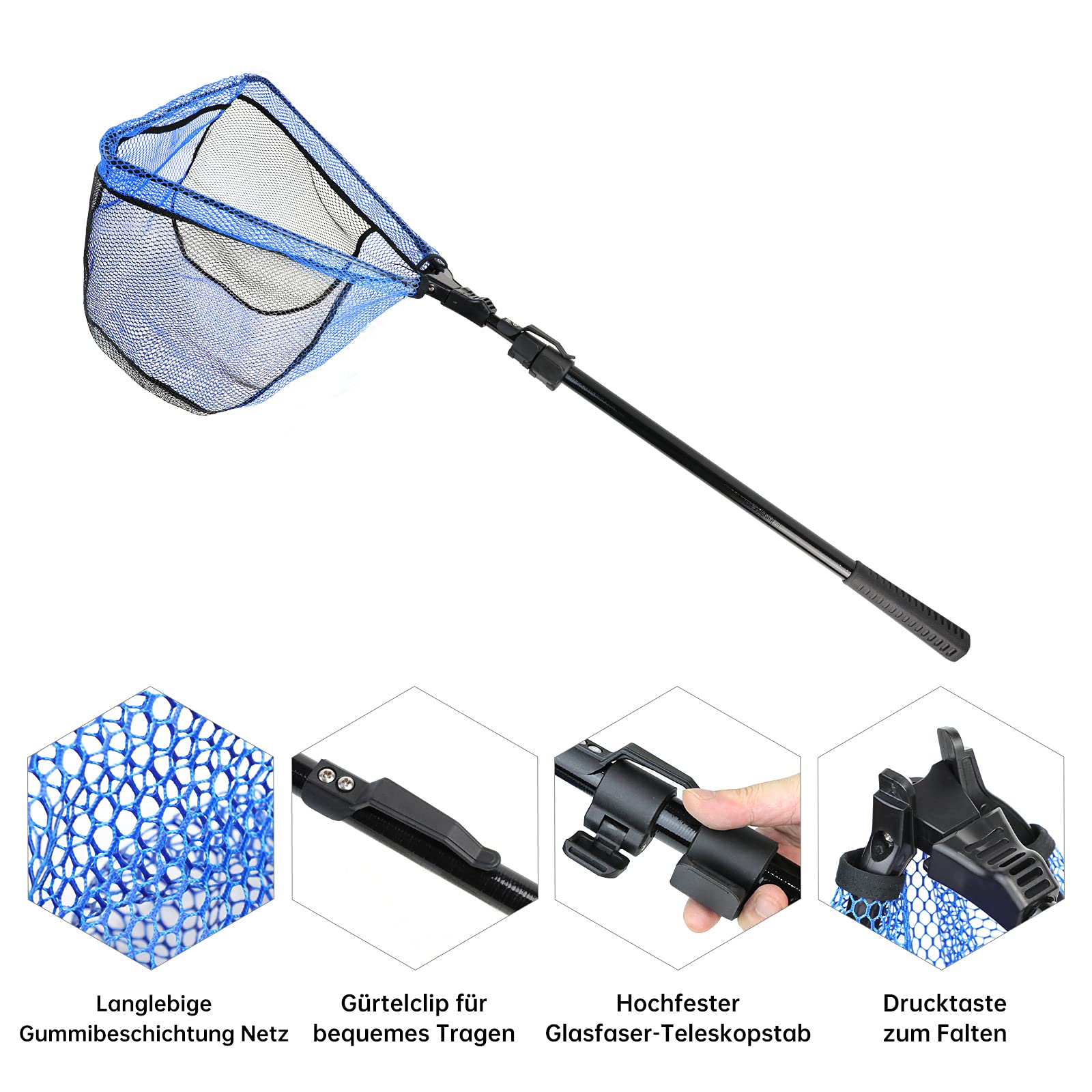 KOMCLUB Red de Pesca Plegable Telescópica 250cm, Red de Nailon Duradera, Redes Recubiertas de Goma, Sacaderas de Pesca Accesorios de Ppesca para Adultos, Azul