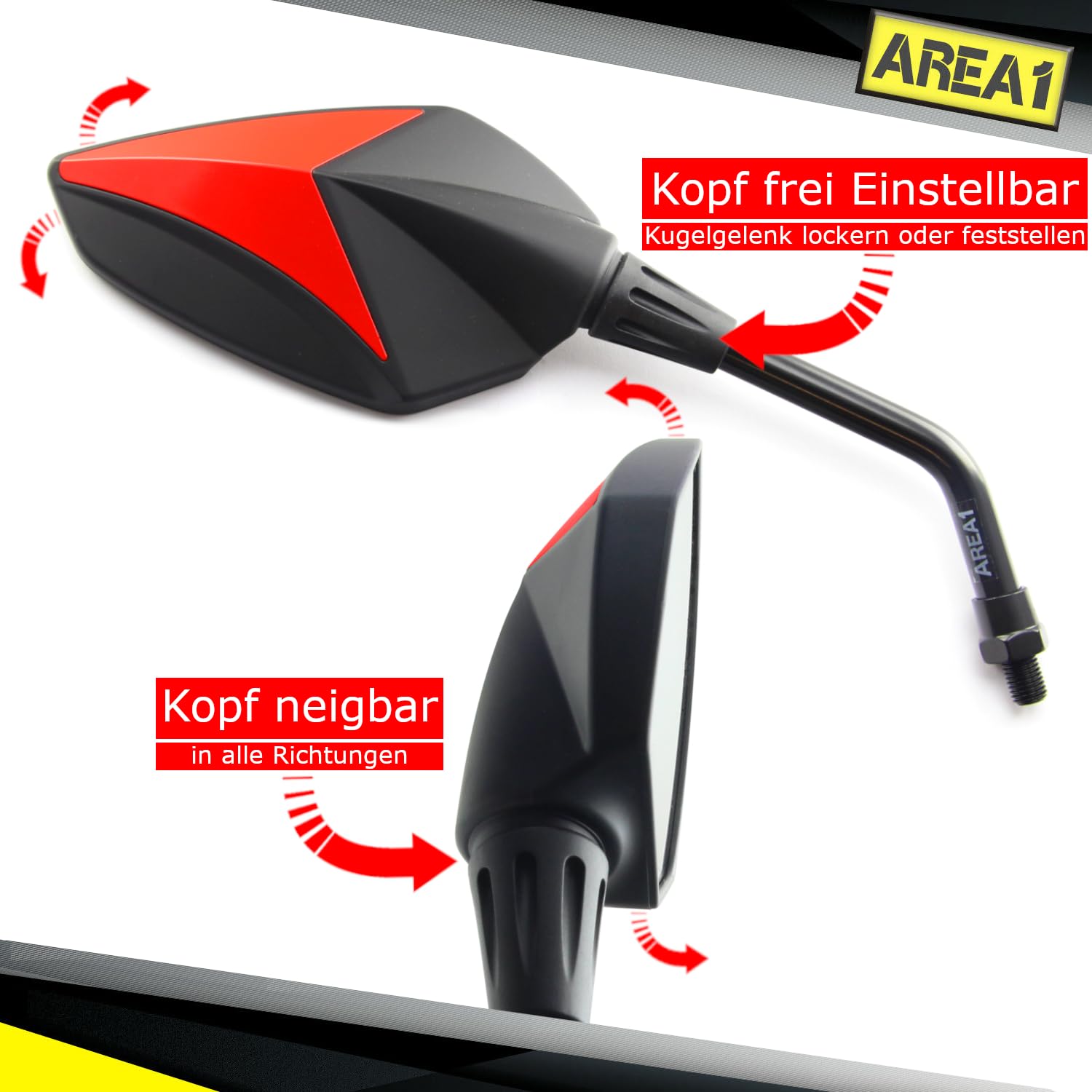 Area1 Rétroviseurs Moto Universel Rouge Retroviseur Latéral (2xM10 Filetage à droite) compatible avec