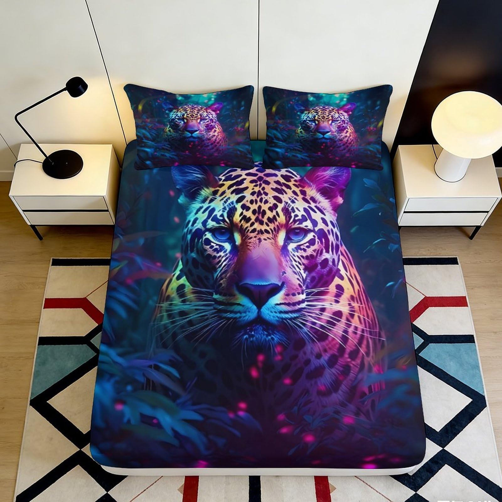 3D Printed Neon Jaguar Fitted Sheet Microfiber Soft Breathable Jungle Leopard Bed Cover for Bedroom Dormitory Guest Room Mattress Protection 180x200x25cm