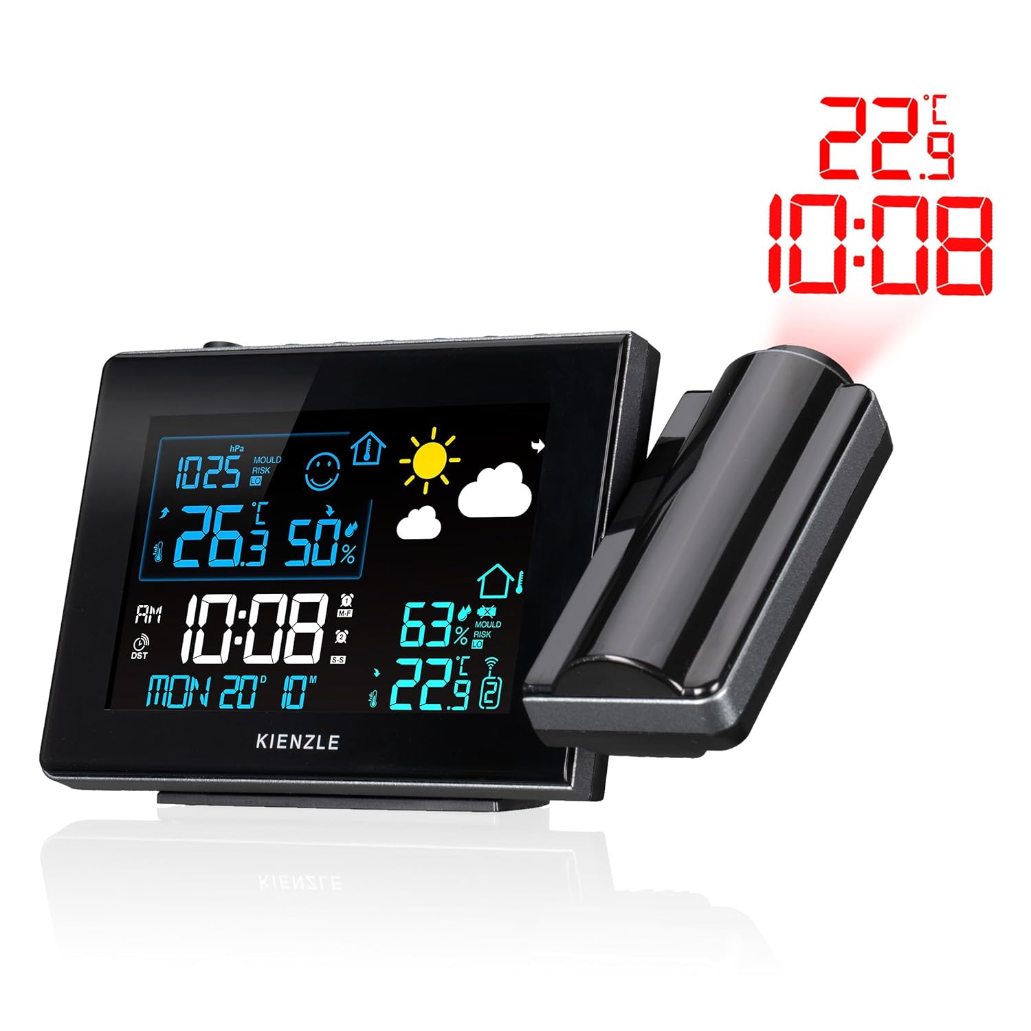 Back view of Kienzle Weather Station showing alarm switches and power port