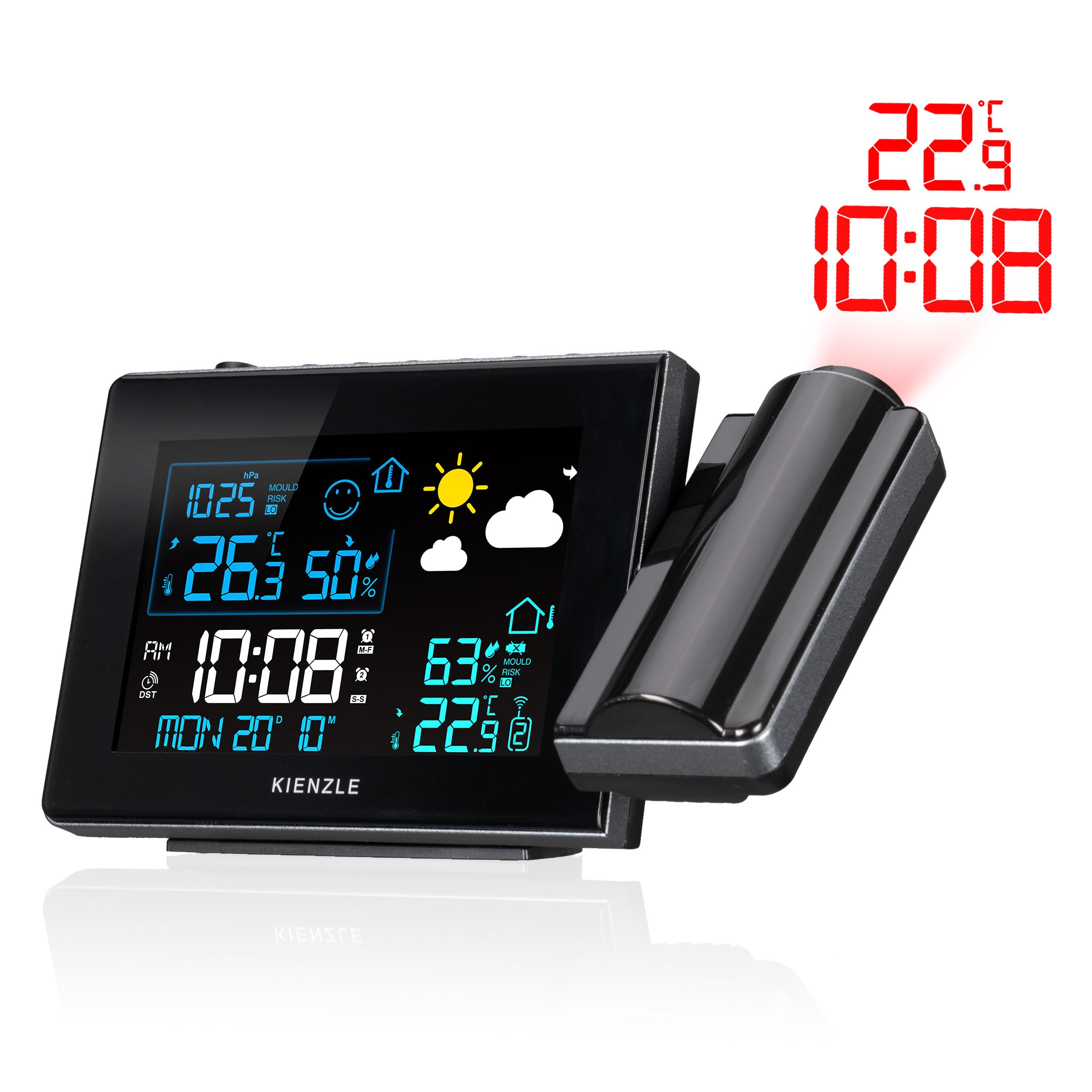 Stazione meteo radiocontrollata Kienzle con proiezione, display a colori, sensore esterno, allarme muffa, 2 sveglie