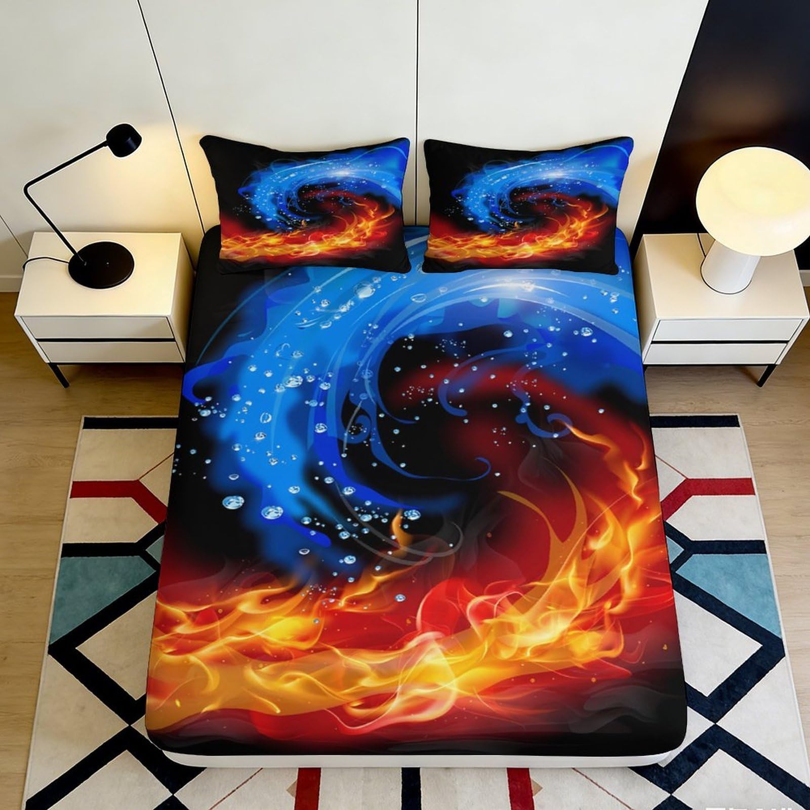 3D Printed Fire and Water Fitted Sheet Microfiber Soft Breathable Yin Yang Bed Cover for Bedroom Dorm Decor Protection 90x200x25cm