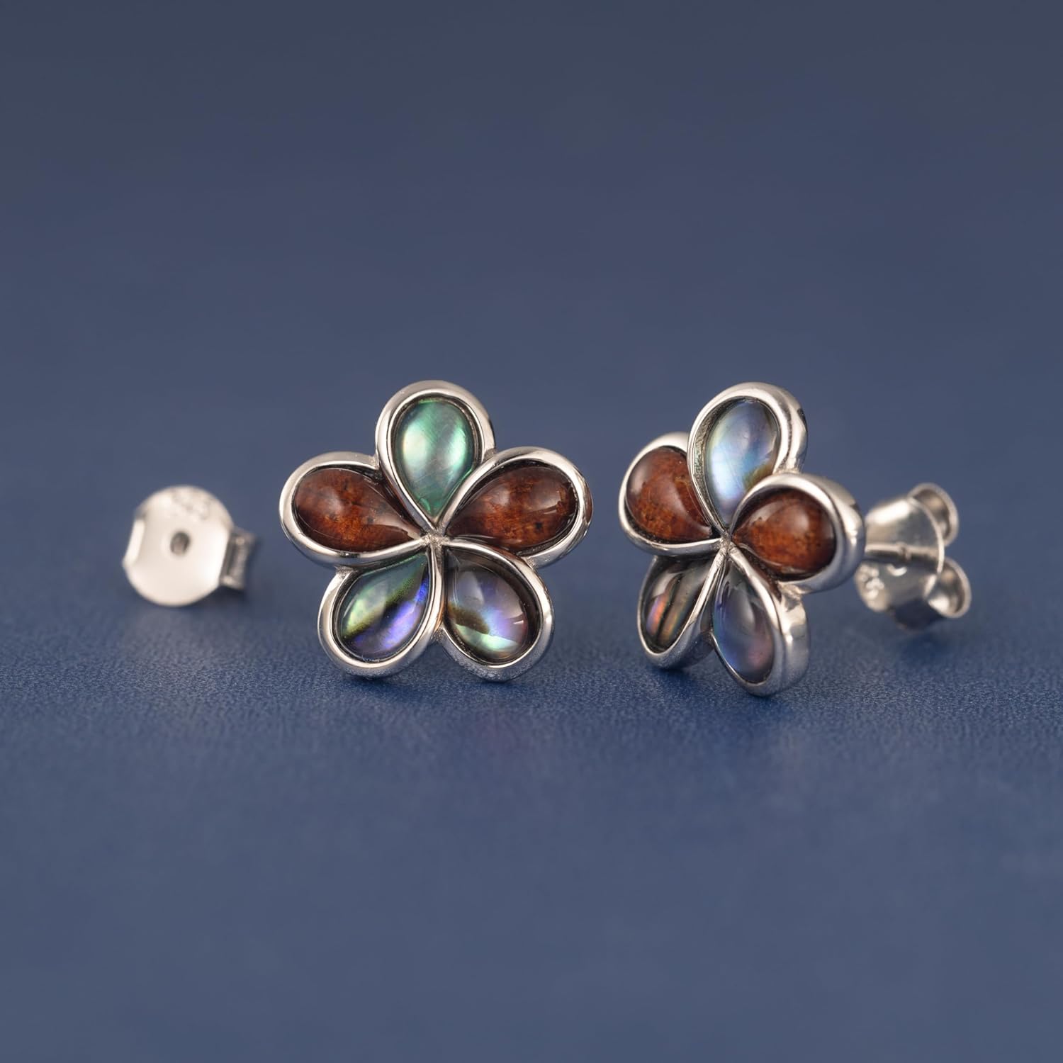 925 Sterling Silver Koa Wood and Abalone Shell Hawaiian Mauka to Makai Plumeria Flower Stud Post Earrings, Nickel Free Hypoallergenic for Sensitive Skin, Gift Box Included - Image 2