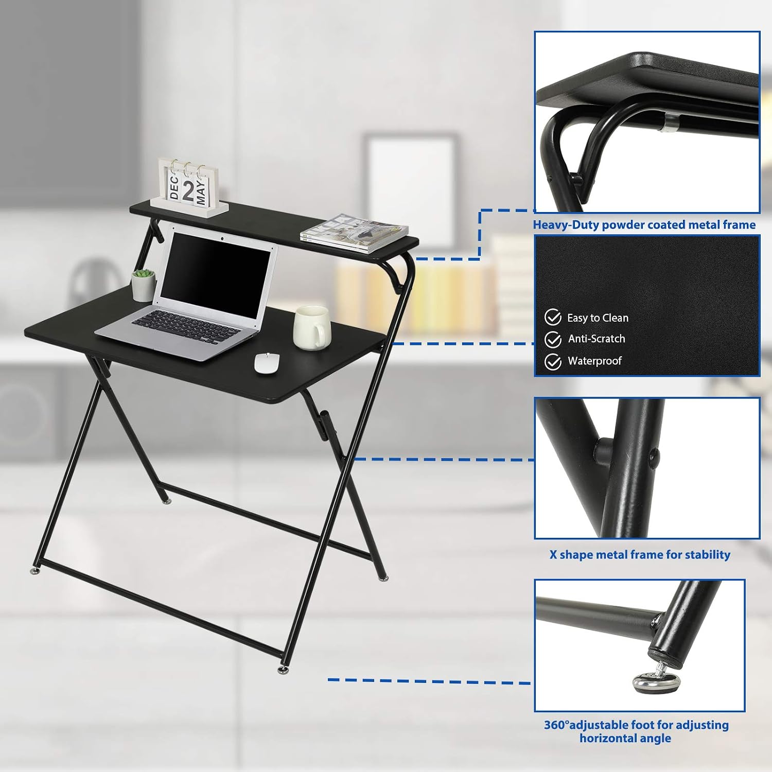 Itaar Portable Folding Computer Desk No-Assembly Required, Foldable Student Writing Desk with Shelves, Home Office Workstation Laptop Notebook PC Table for Small Space, Black