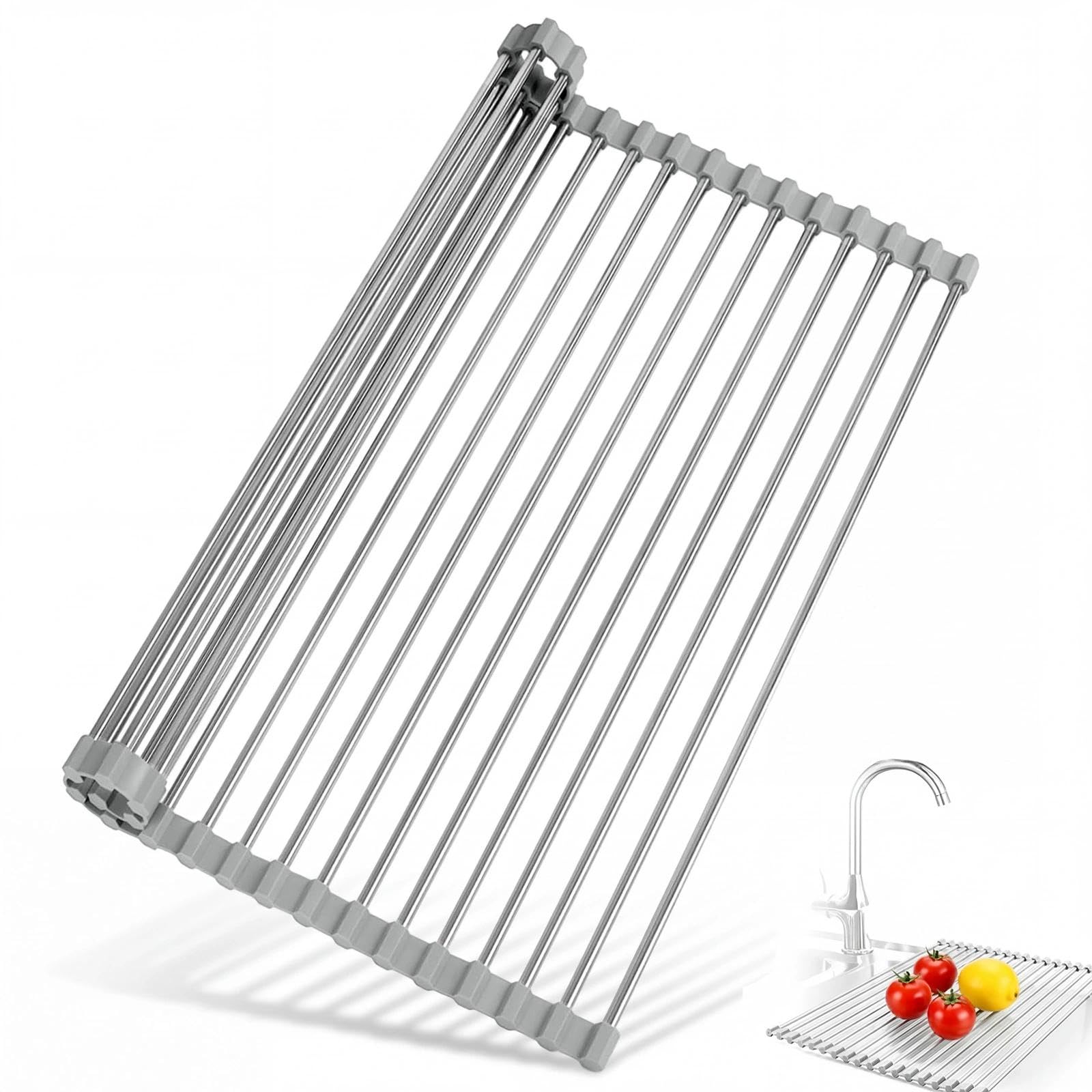 Zynaxir Dish Drainer Rack, Foldable and Removable Stainless Steel Dish Drying Over the Sink, Drying Mat, Sink Drainer Rack for Cups, Fruit, Vegetables, Super Kitchen Organiser (Grey 43x35cm)