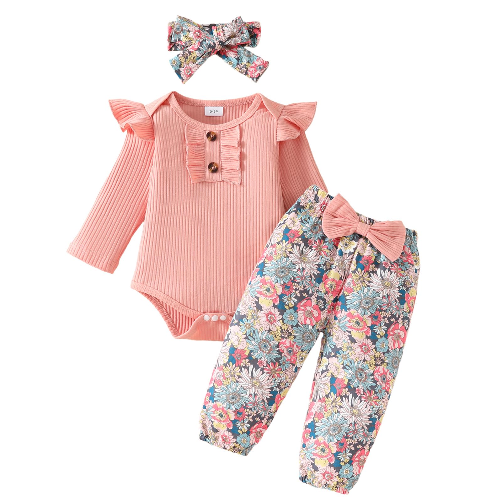 Vetement Bebe Fille Nouveau-né Barboteuse à Volants Manche Longue + Floral Pantalon + Bandeau+ Chapeau Ensemble Tenues d'automne 0-18 Mois