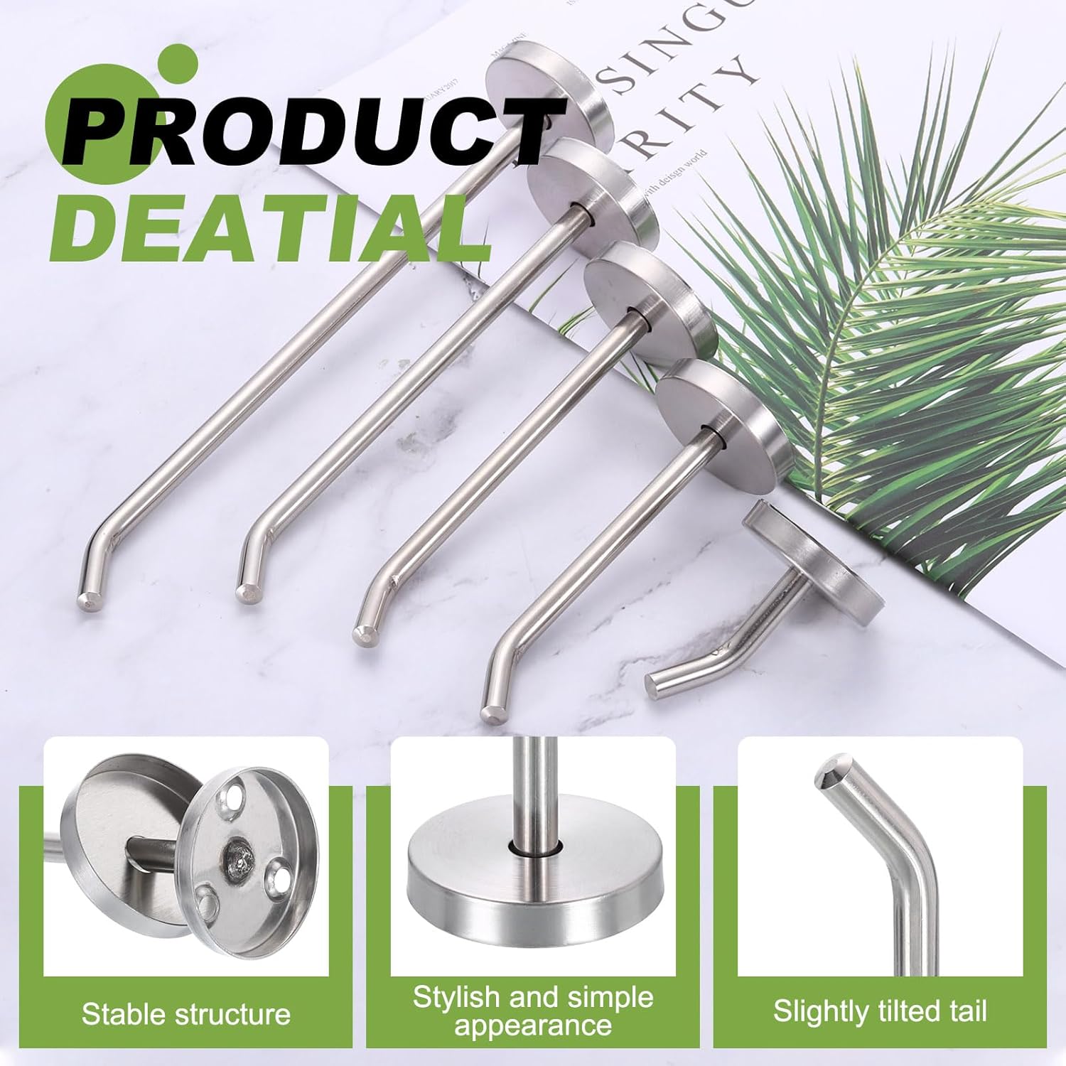 4Pcs 8 Inch Coat Hooks, Stainless Steel Long Nose Wall Mount Hook, Robe Towel Hangers with Screws for Livingroom Bathroom Closets and Wardrobe, Silver Tone