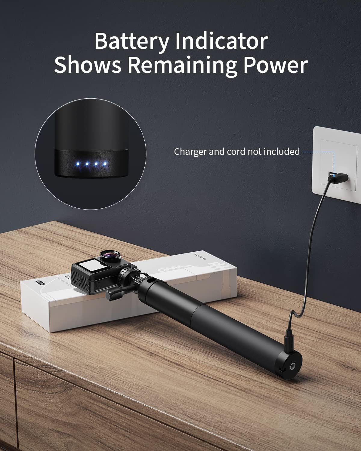 WOLFANG GB2200 Selfie Stick charging with indicator lights