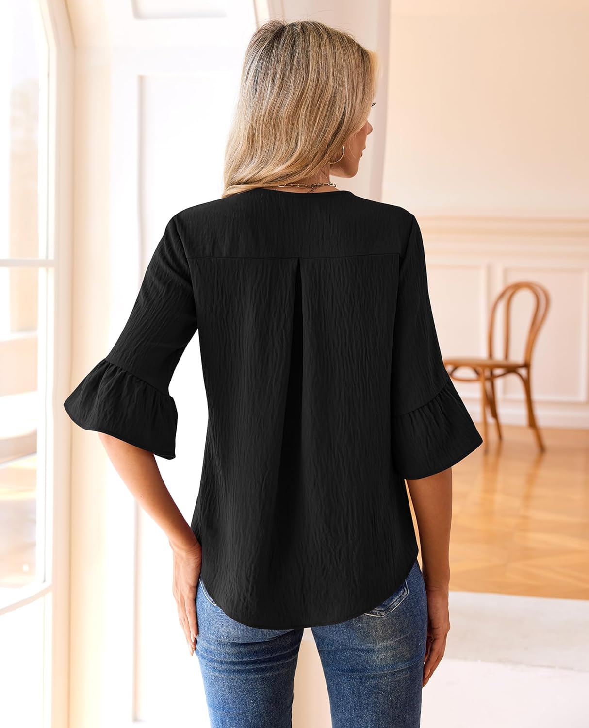 siliteelon Womens Blouses Dressy Casual 3/4 Sleeve Ruffle Bell Top Ladies Business Formal Work Shirt Spring Trendy 2026 - Image 3