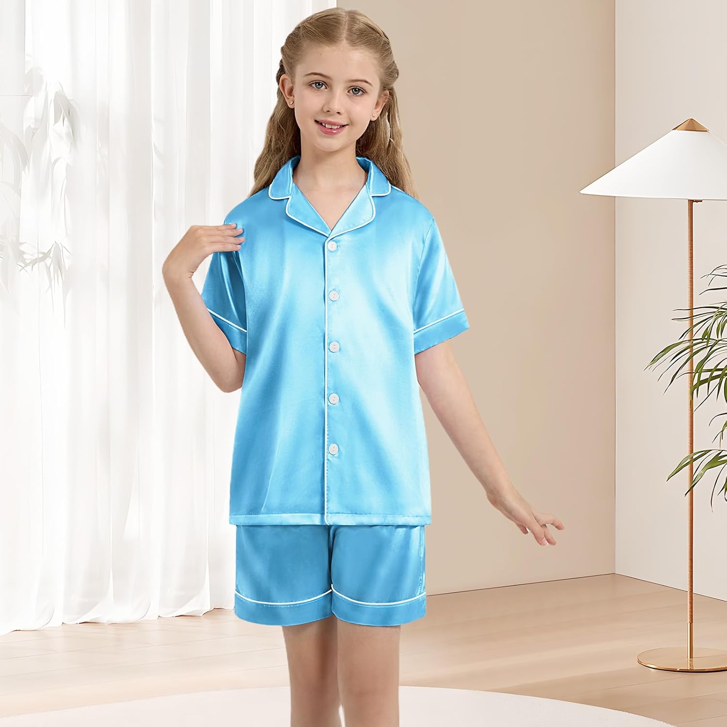 Weixinbuy Girls Pajamas Set Button Down Short Sleeve Pjs Satin Pajamas Sleepwear Lounge Set 3Pcs Pjs for Teen Kids Girls Boys - Image 5