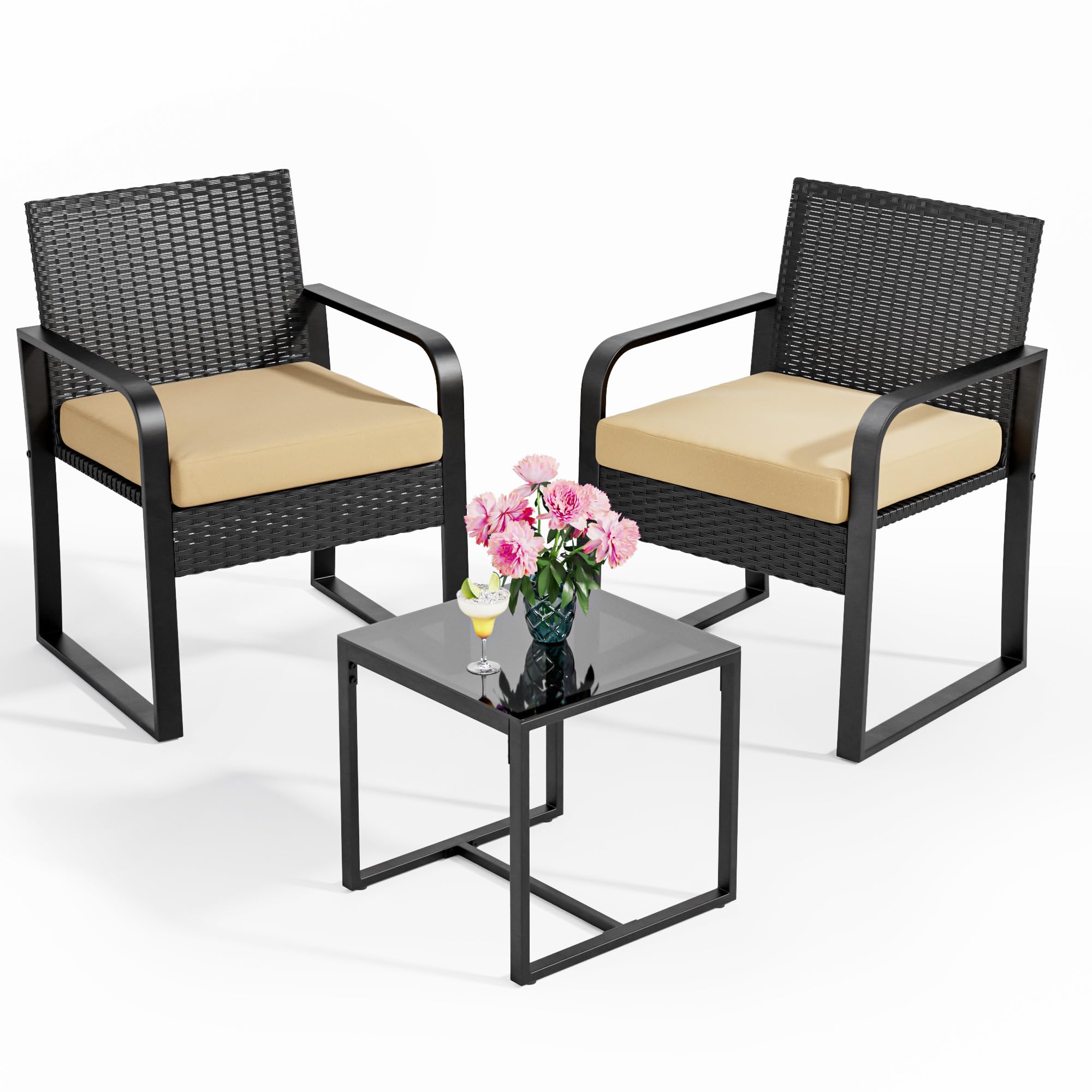 Bealife Salottino da Esterno in Rattan, Set Giardino 3 Pezzi con 2 Poltrone Imbottite + Tavolino con Piano in Vetro, Mobili per Balcone e Terrazza (beige)