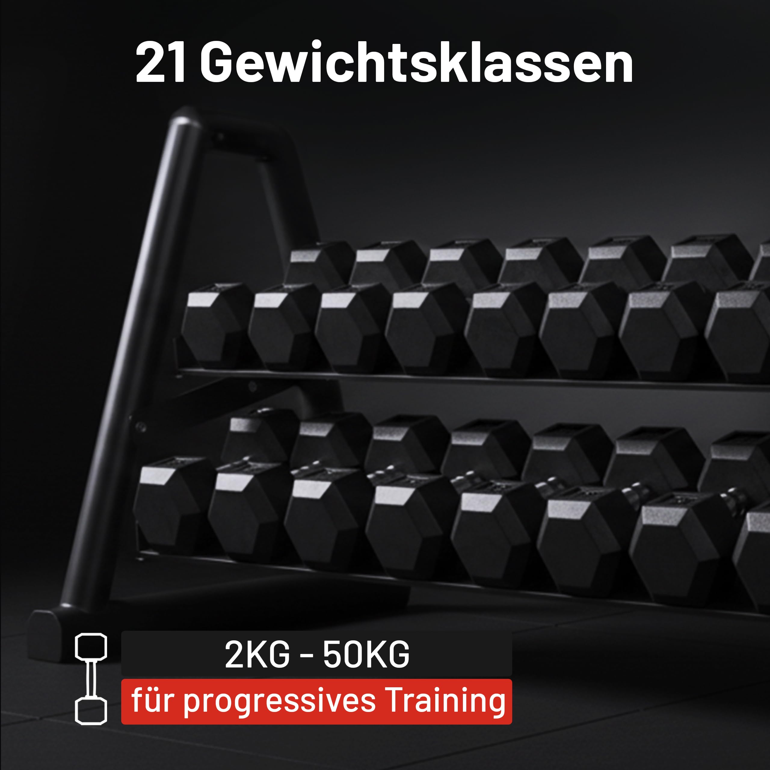 GORILLA SPORTS® Hexagon Kurzhanteln 2–50 kg, gummiert, mit oder ohne Ablage | Schwarze sechseckige Hanteln aus Gusseisen mit gerändeltem Chromgriff, rutschsicher und rollfest; Dumbbell, Krafttraining