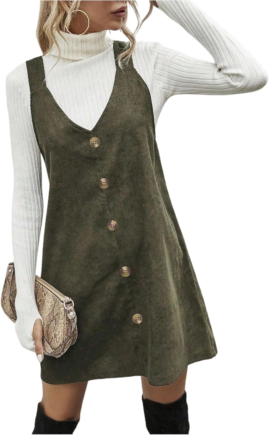 WDIRARA Women's Corduroy Overall Dress V Neck Sleeveless Button Front Mini Pinafore Dress