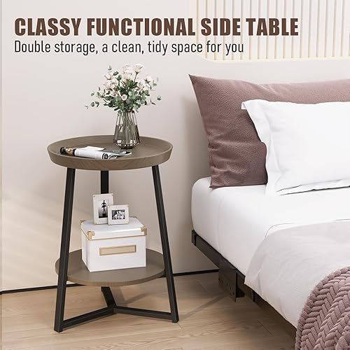 Miniatura 7 de Gadroad Mesa auxiliar redonda con estante de almacenamiento, mesa auxiliar de granja de 2 niveles para sala de estar, dormitorio, mesa de madera y