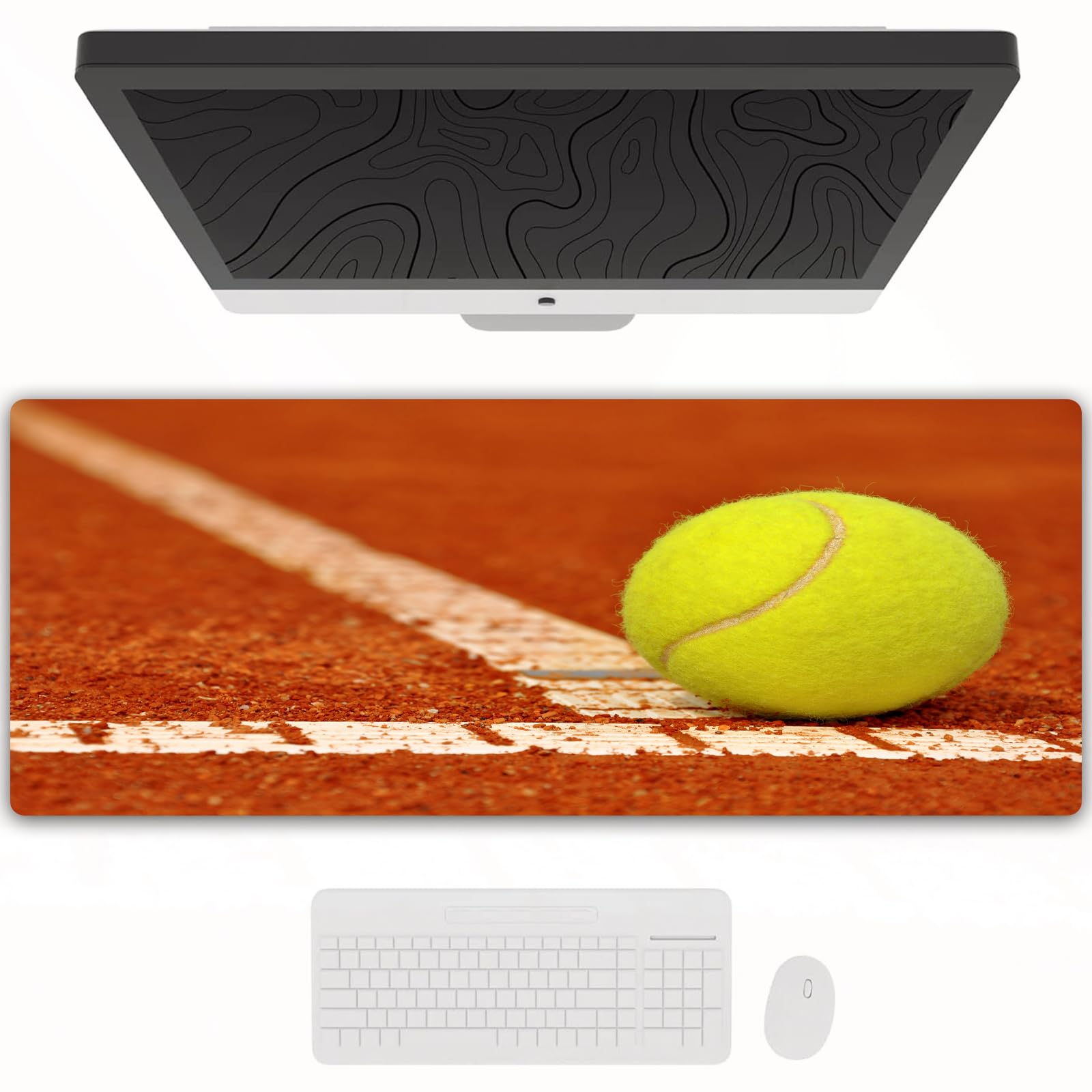 Tappetino per mouse da gioco,grande,antiscivolo,impermeabile,con bordi cuciti,Palla da tennis su un campo da tennis in terra battuta,per gaming,ufficio,casa,40x90 cm