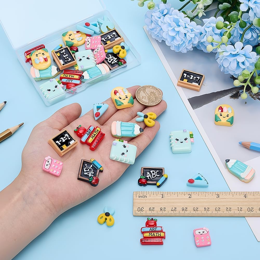 36Pcs Back to School Flatback Resin Charms 9 Styles School Supplies Opaque Resin Cabochons Cute Cartoon Stationery Theme Embellishments for Hair Clips Photo Frame DIY Crafts image 3