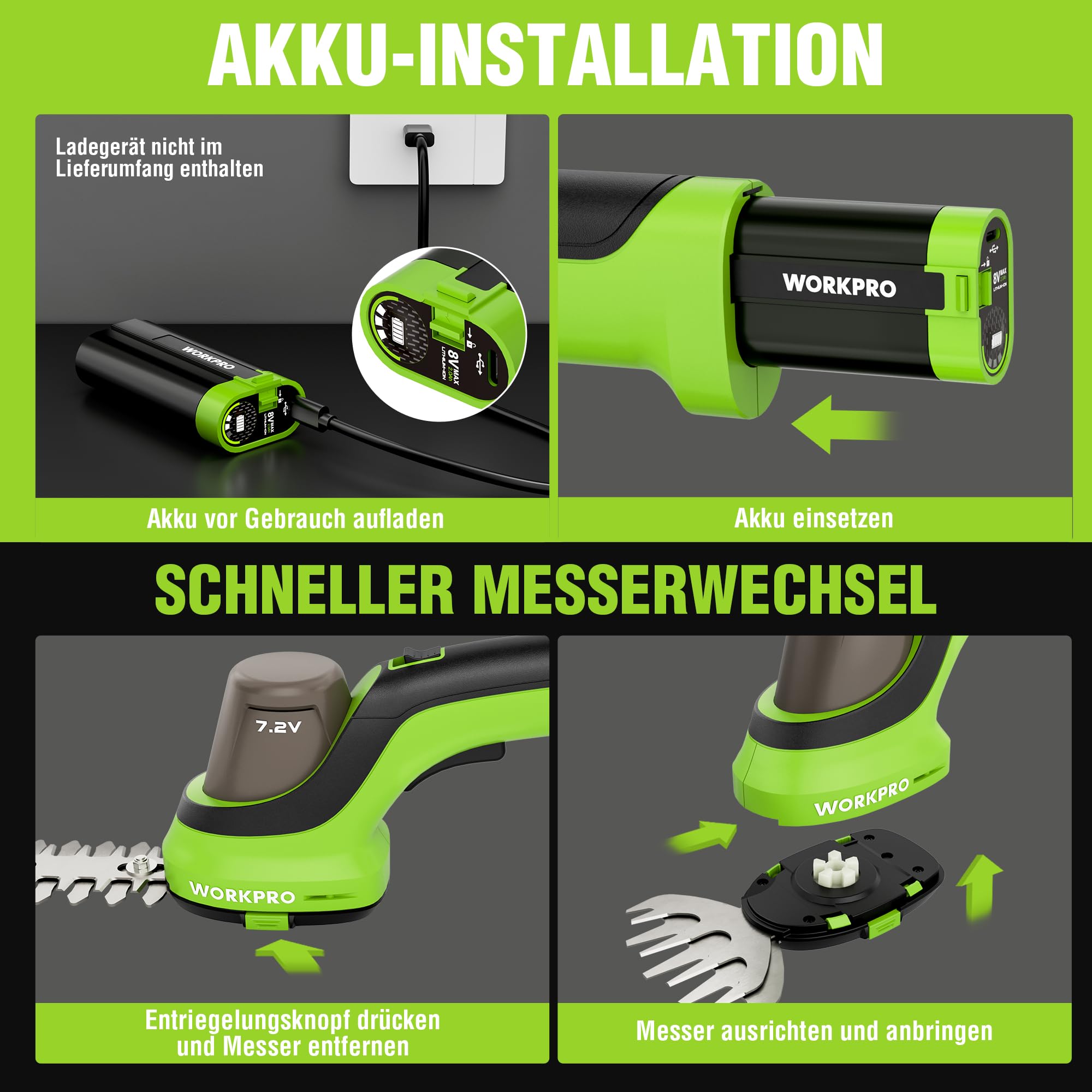 WORKPRO Gartenschere Akku 7,2V, 2 in 1 Gras- & Strauchschere mit 2 Messern | Schnittbreite 100 mm, Schnittlänge 150 mm, 2000mAh Akku & Ladekabel, Heckenschere für Rasenkanten, Strauchschnitt