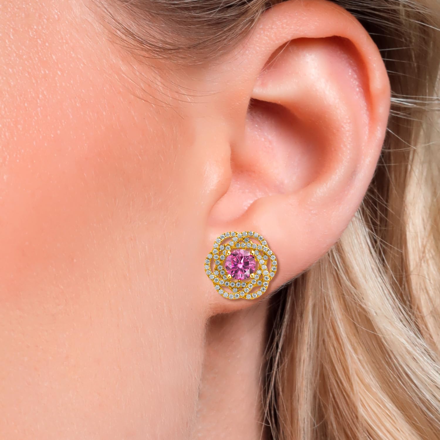 Gem Stone King 18K Yellow Gold Plated Silver Customized and Personalized Round Gemstone Birthstone and White Moissanite Stud Earrings For Women with Removable Jackets