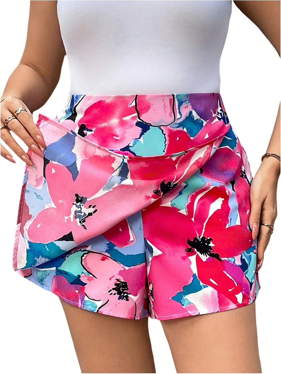 MakeMeChic Women's Plus Size Floral Wrap Skirt Skorts High Waist Summer Vacation Shorts