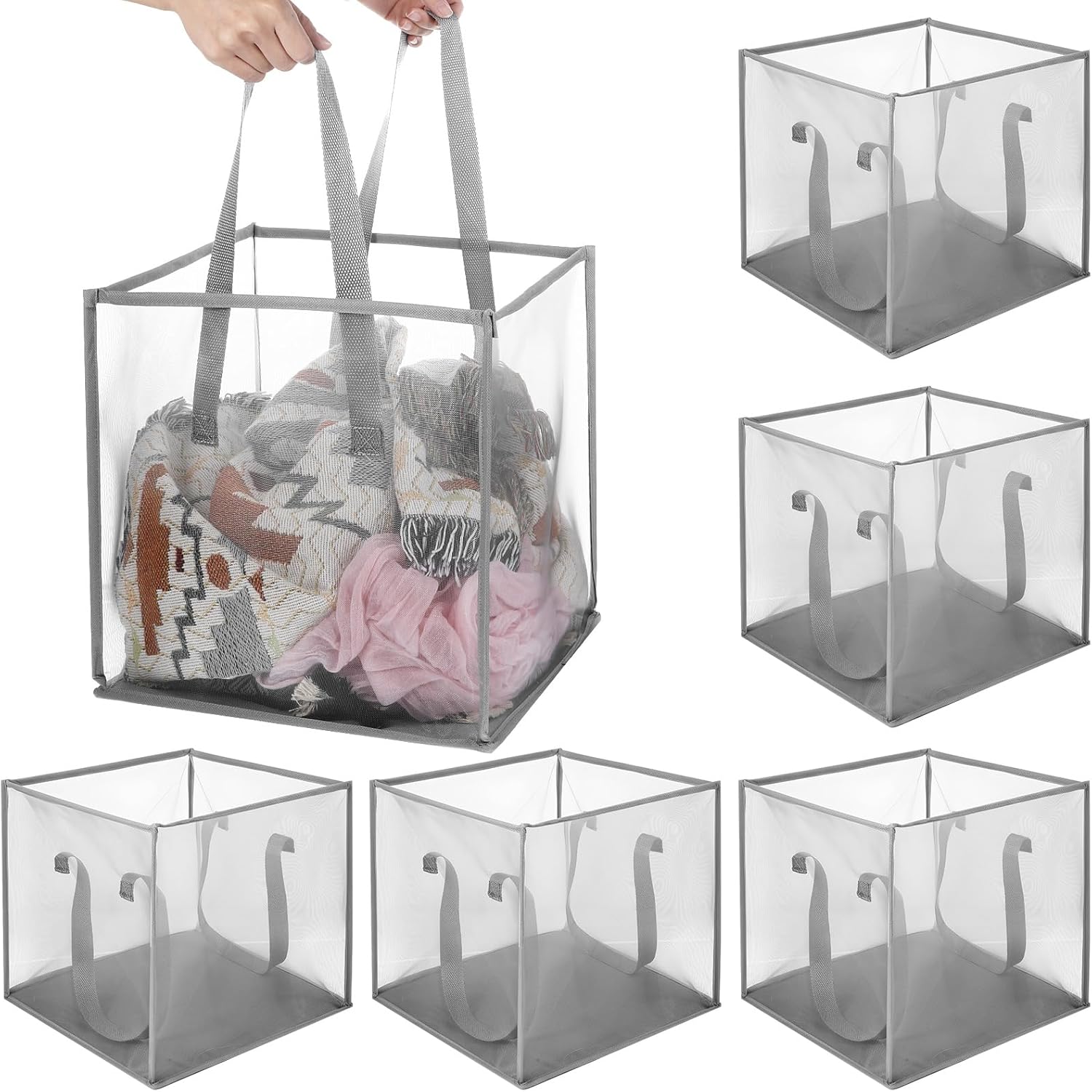 6 Pack Popup Laundry Hamper 13 Inch Collapsible Laundry Baskets with Handles Mesh Clothes Baskets Portable Single Layer Foldable Clothes Hamper Square Bin for Washing, Toy Storage(Grey) - Image 1 of 7