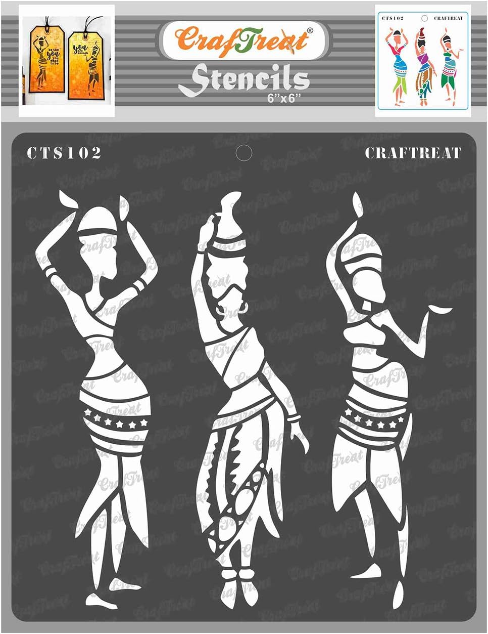CrafTreatTribal Stencils for Painting on Wood, Wall, Tile, Canvas, Paper, Fabric and Floor - Tribal Dancers - 6x6 Inches - Reusable DIY Art and Craft Stencils of African Women - Dancer Stencils