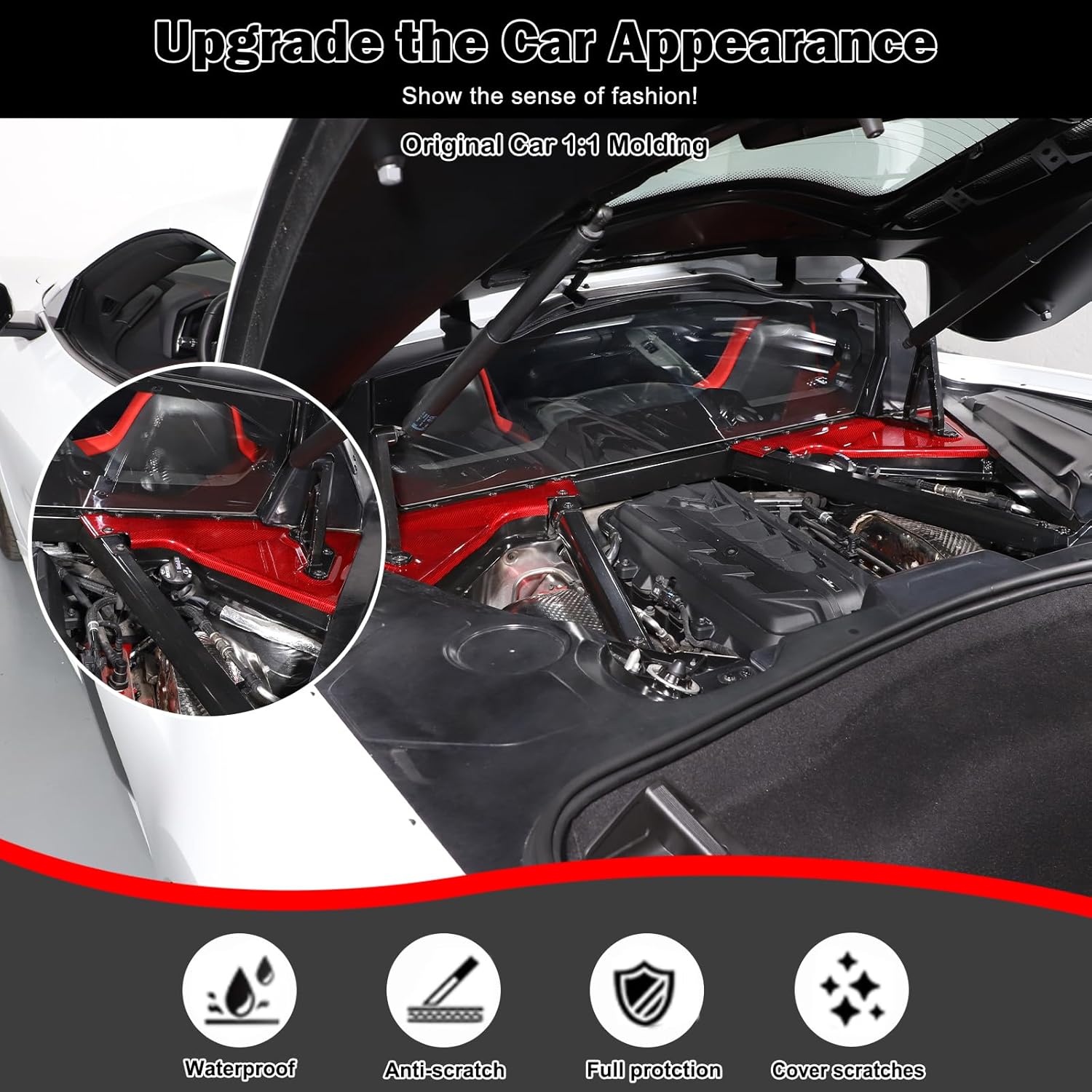 Dry Carbon Fiber Engine Bay Panel Cover Compatible with Chevrolet Corvette C8 Stingray 2020-2024, Front Hood Lift Supports Shock Struts Base Trim Cover C8 Corvette Accessories (Red)