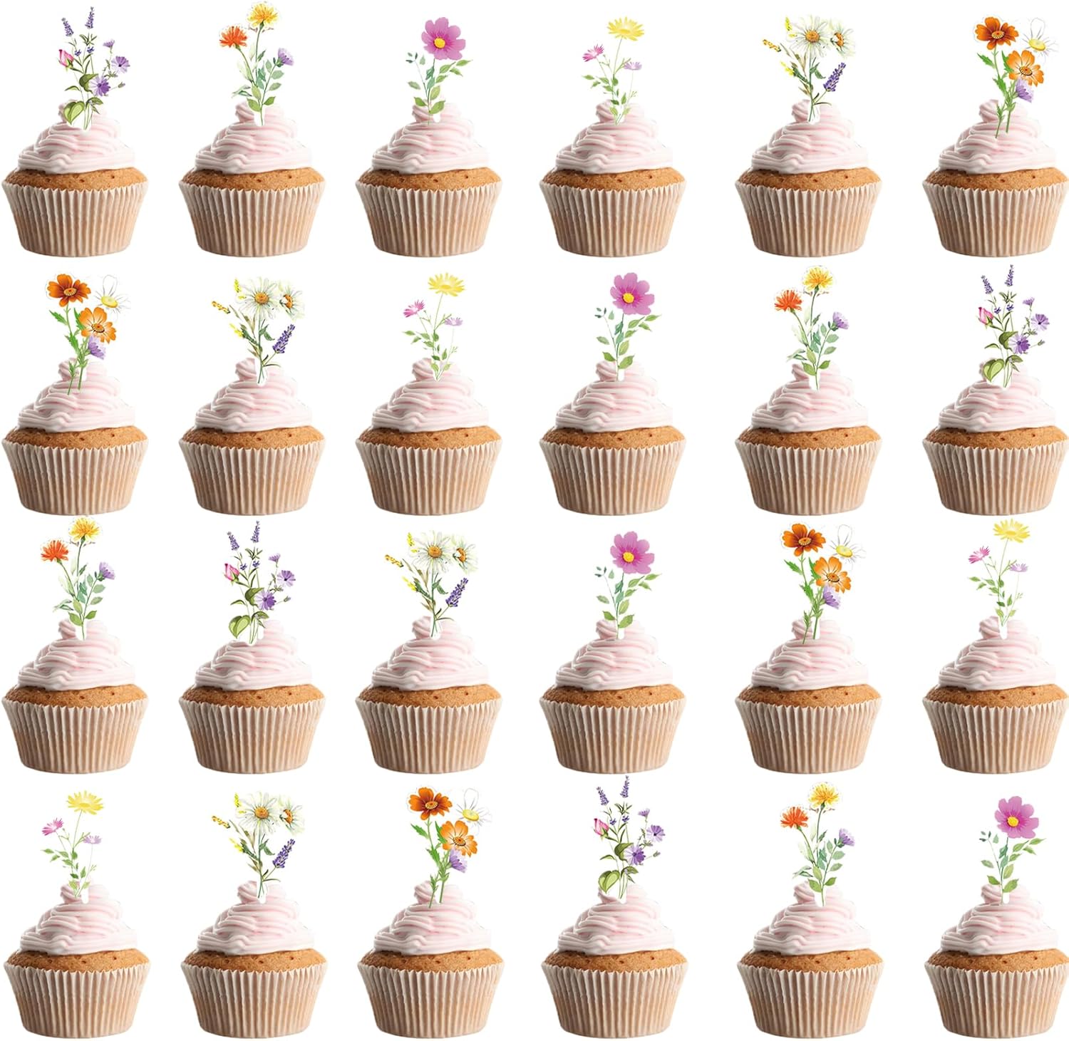 48 Pcs Wildflower Party Cupcake Toppers for Floral Birthday Baby Shower Party Decorations