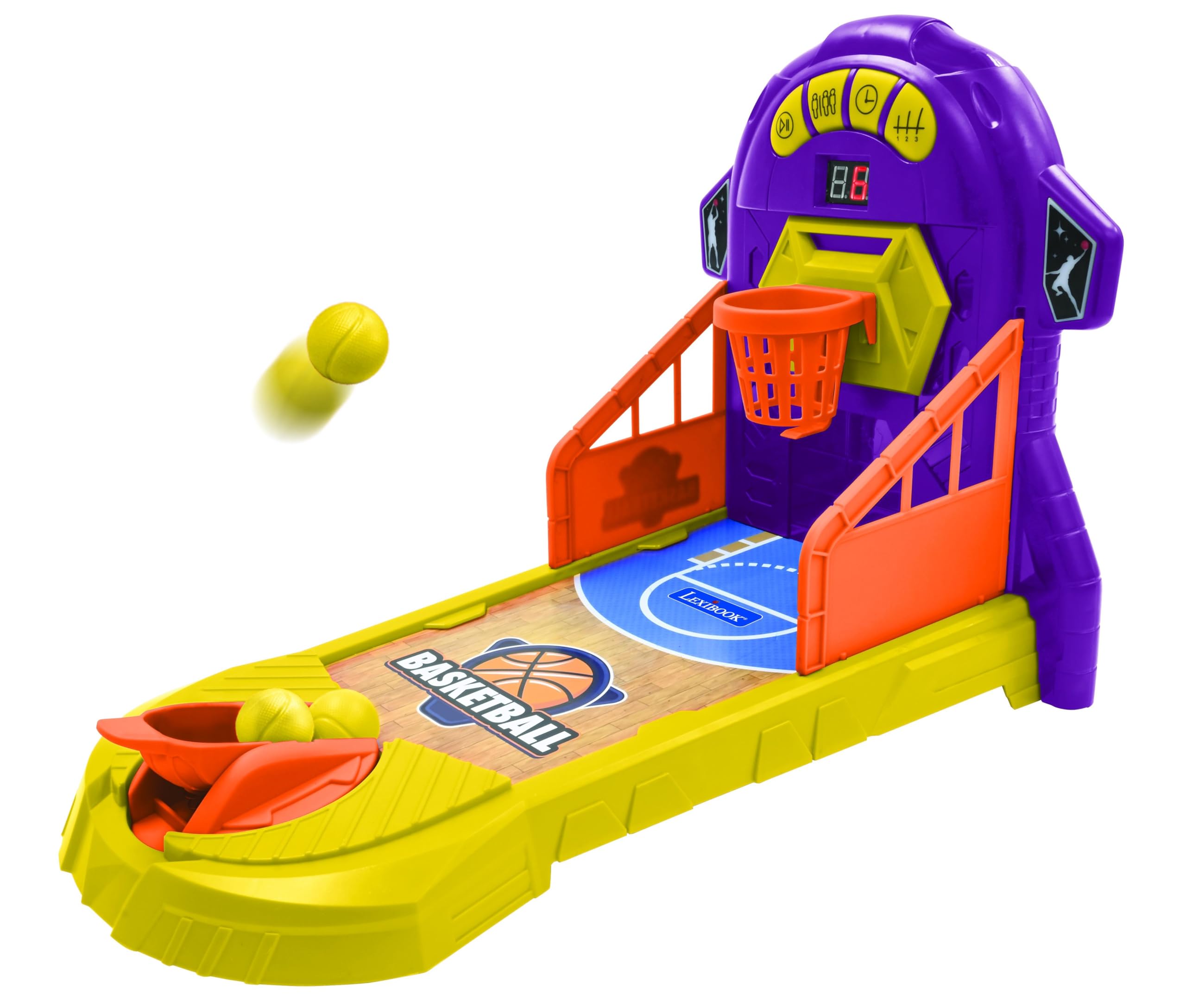 Lexibook JG910 Electronic Basketball Game, Sound and Light Effects, Movable Playing Field, 3 Difficulty Levels, 1 to 4 Players, Purple/Yellow
