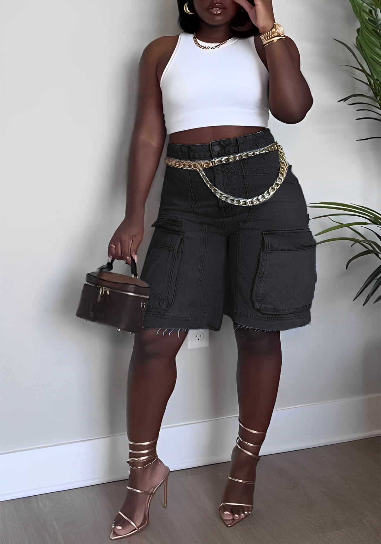 Damen Sommer Bermuda Knielang Denim Shorts Hohe Taille Casual Baggy Cargo Kurze Jeans Hosen Trendy