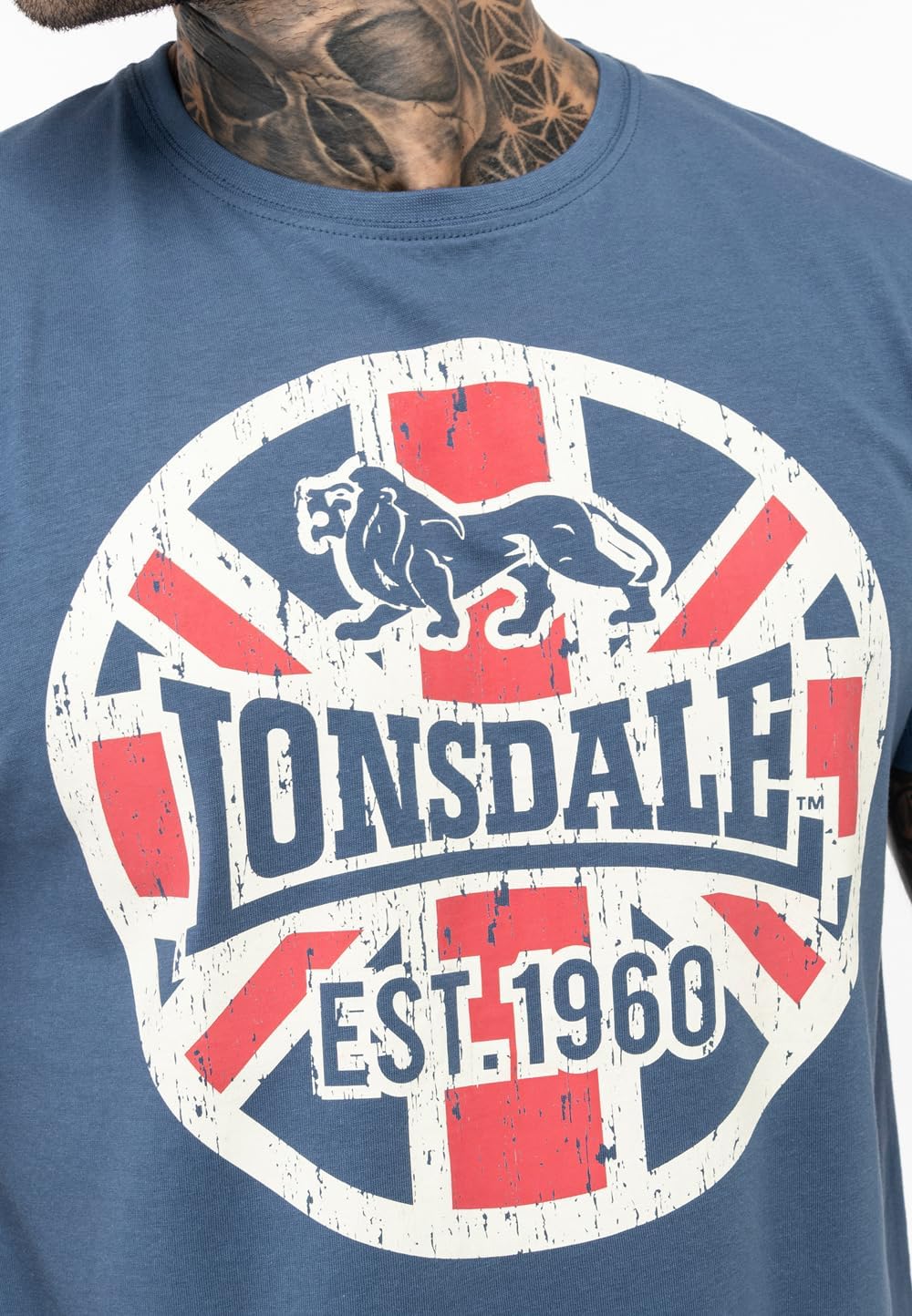 Lonsdale Men's T-Shirt Classic Vintage Logo Lion Blue White Red 100% Cotton Regular-Fit