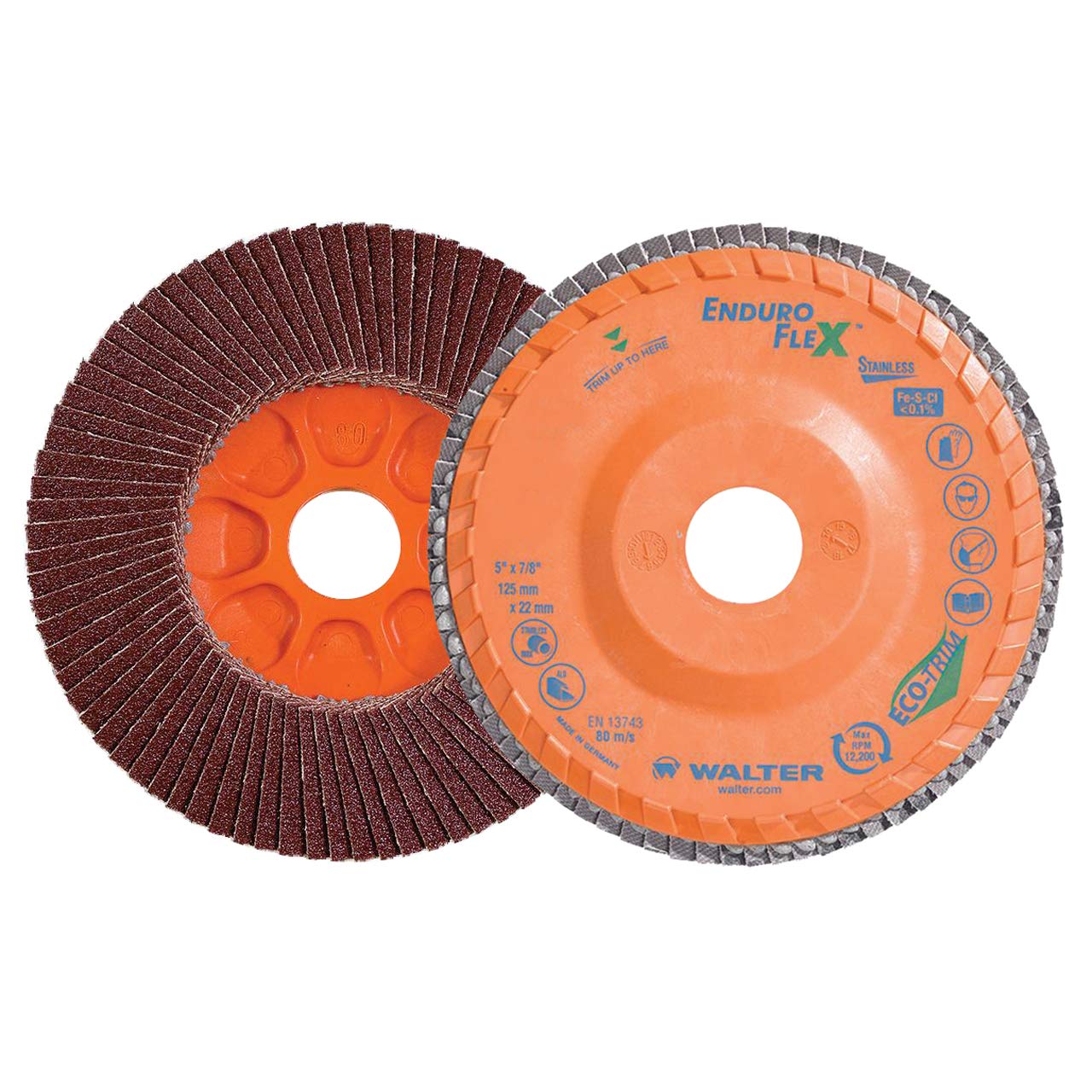 Walter 15Q508 5x7/8 Enduro-Flex Stainless Flap Discs with Eco-Trim Backing 80 Grit Type 27, 10 Pack