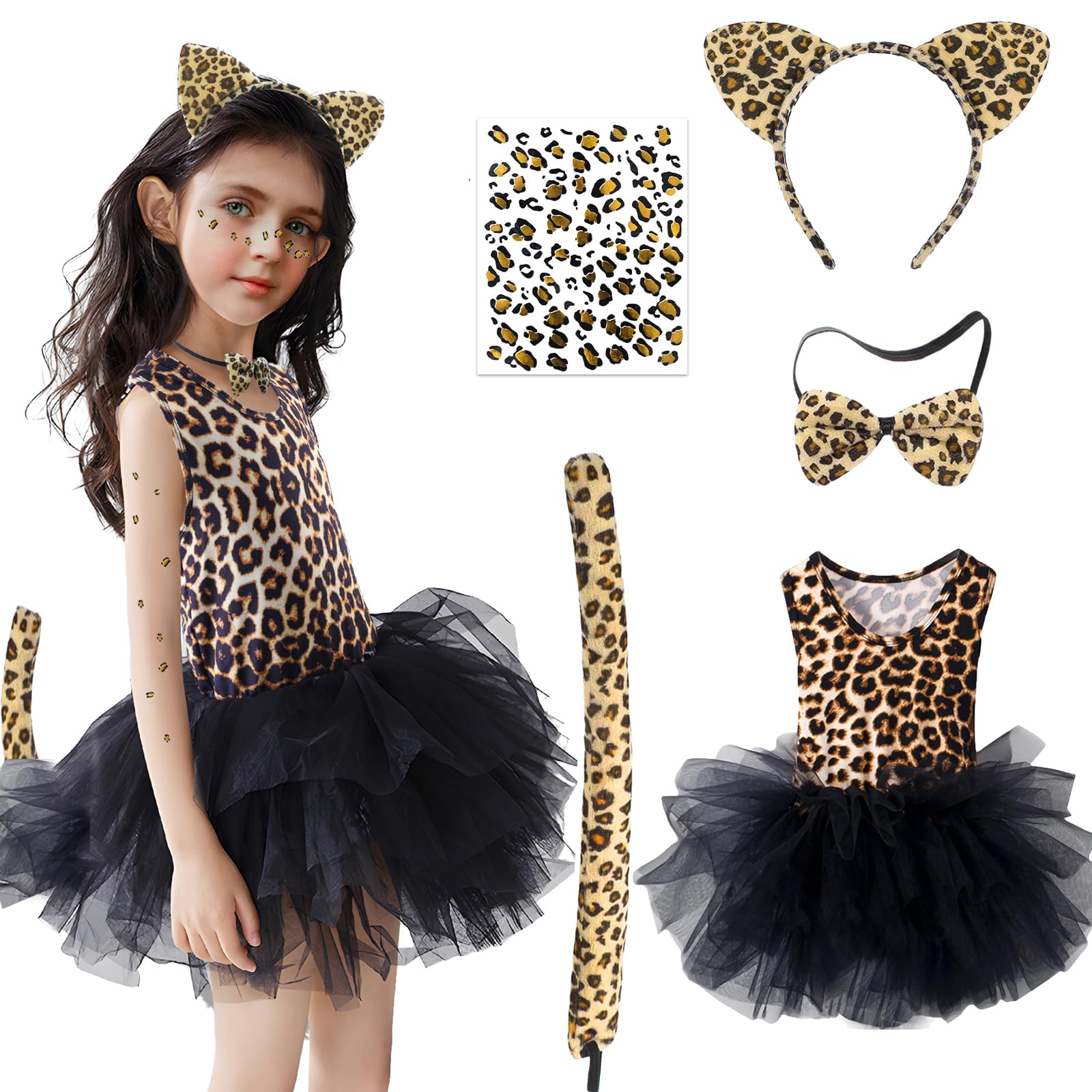 Dreamtop 5 Pezzi Set di Costume Tigre Leopardo Bambina, Coda Lunga Tigre Leopardo Aggiornata, Tutu Cerchietti Orecchie Naso, costumi di carnevale bambini animali per Cosplay Carnevale Halloween Festa