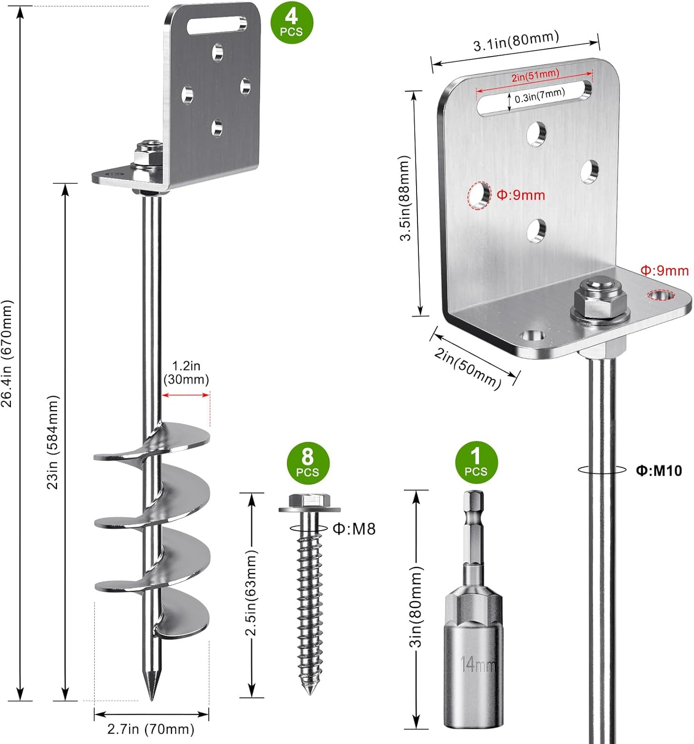 benelabel 2/4/6 pack 18" 24" ground anchors screw in shed anchor with l bracket trampoline anchor spiral swingset anchors for swing set, mobile home, fence, playset, tent, canopy, carport 4pack 24inch length 2.7'' dia blade