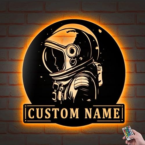 Arte de pared de metal de astronauta personalizado, luz LED, letrero de nombre de cosmonauta personalizado, decoración del hogar, nave espacial,