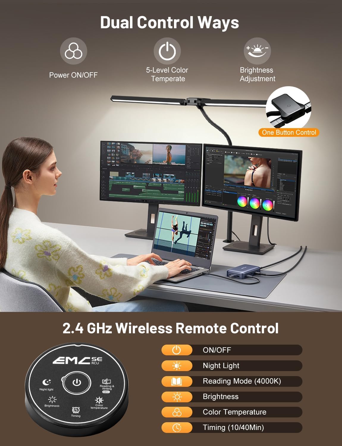 32.8'' Wide Desk Lamp with Clamp for Home Office, Eye-Caring LED Desk Lamp, Dimmable Table Clip Lamp for Dual Screen Computer Monitor, Adjustable Color Lighting Mode Computer Monitor Light