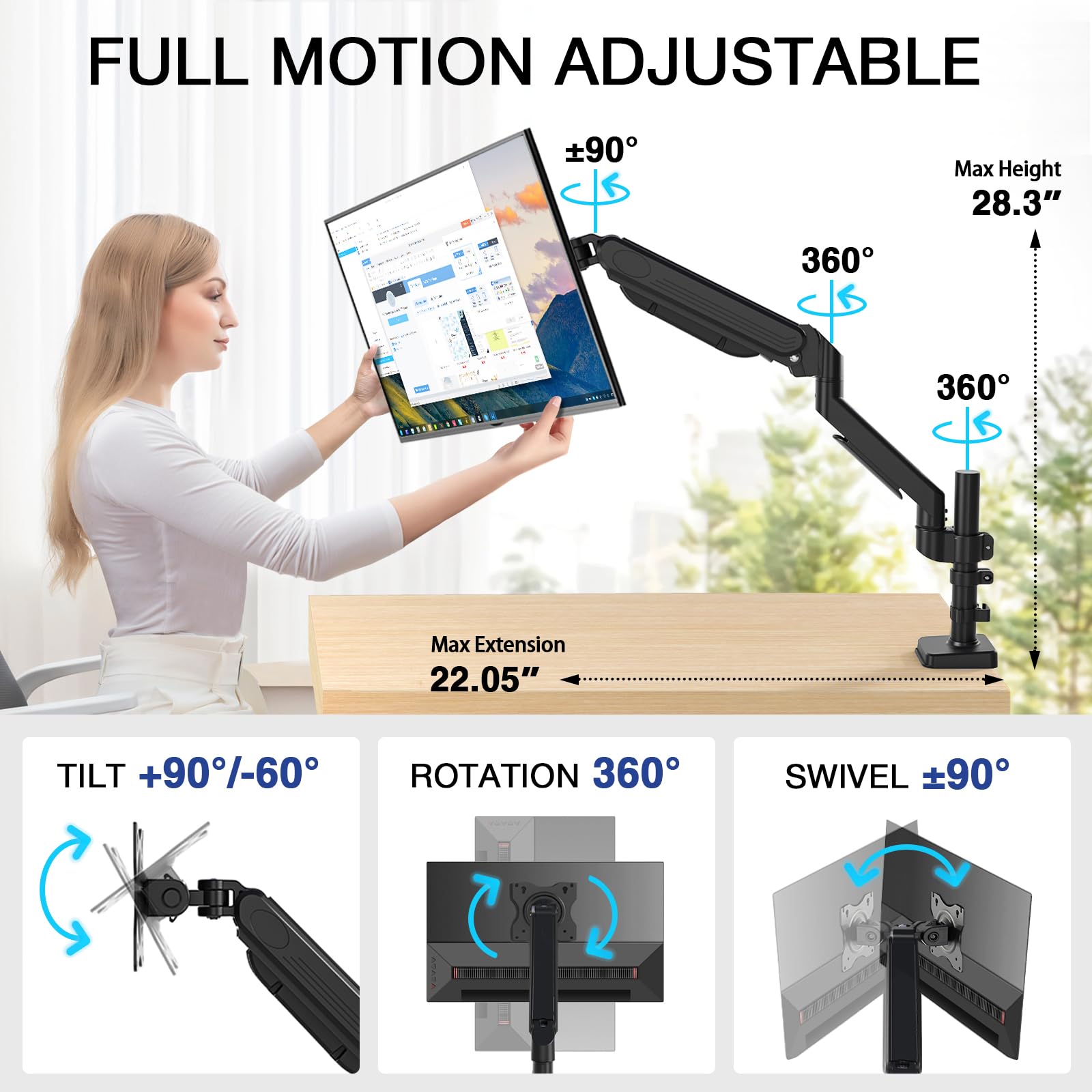 TVON Brazo para Monitor de Escritorio con Muelle de Gas, Altura Ajustable Soporte Monitor, 17-32 Pulgadas, Sostiene hasta 9 kg, Inclinación Giro Rotación, VESA 75/100 mm