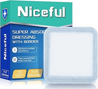 Niceful Super Absorbent Wound Dressing 5" x 5" (10 Pcs) – Sterile Non Stick Gauze Pads for Wound Care, Heavy Exudate Large Bandages for Pressure Ulcers, Bedsores, Diabetic Foot Ulcers