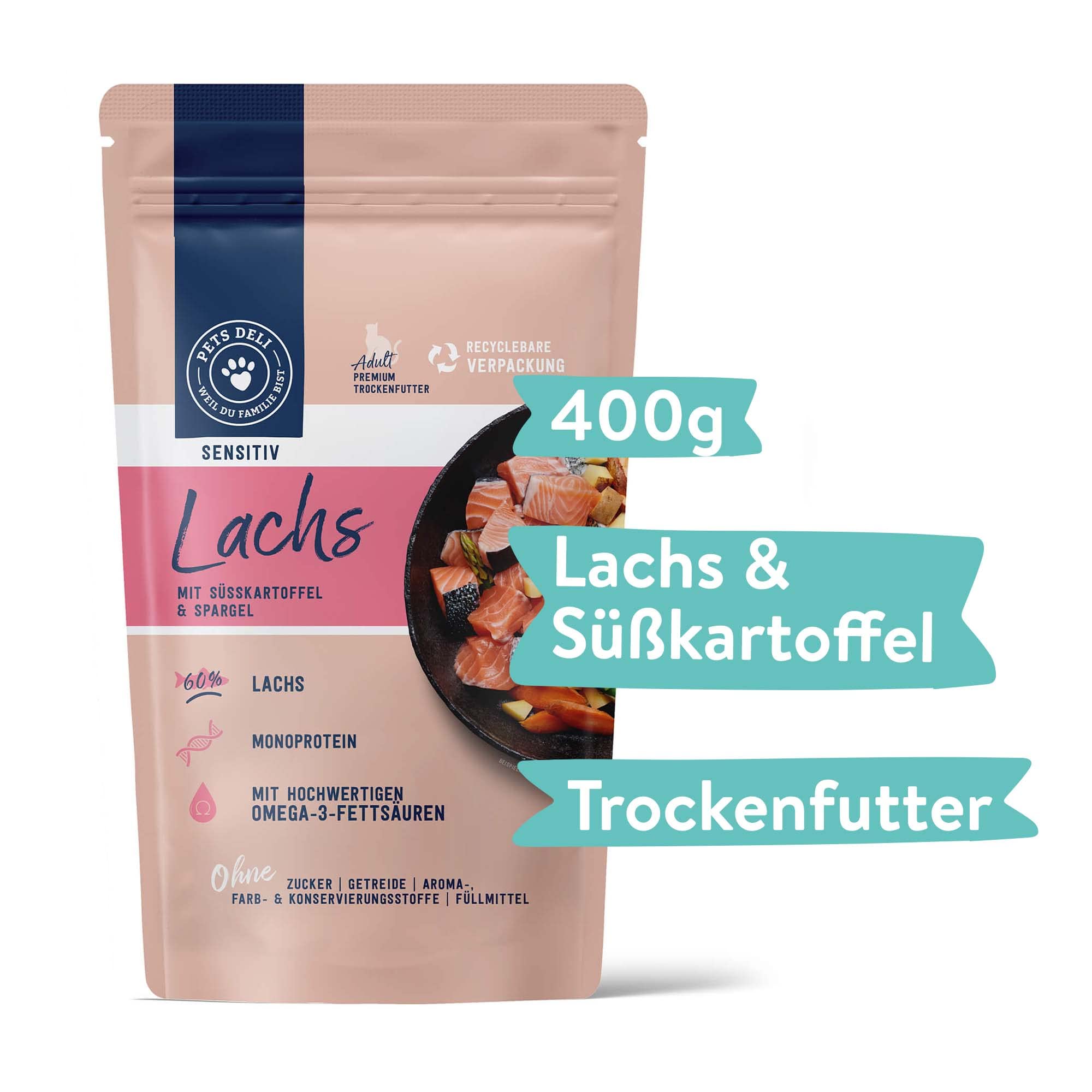 Pets Deli Sensitiv Trockenfutter fr Katzen mit sensiblem Magen | Lachs mit  Ssskartoffel & Spargel | 400g| Ohne Gluten, Zucker & Fllstoffe :  Amazon.de: Haustier