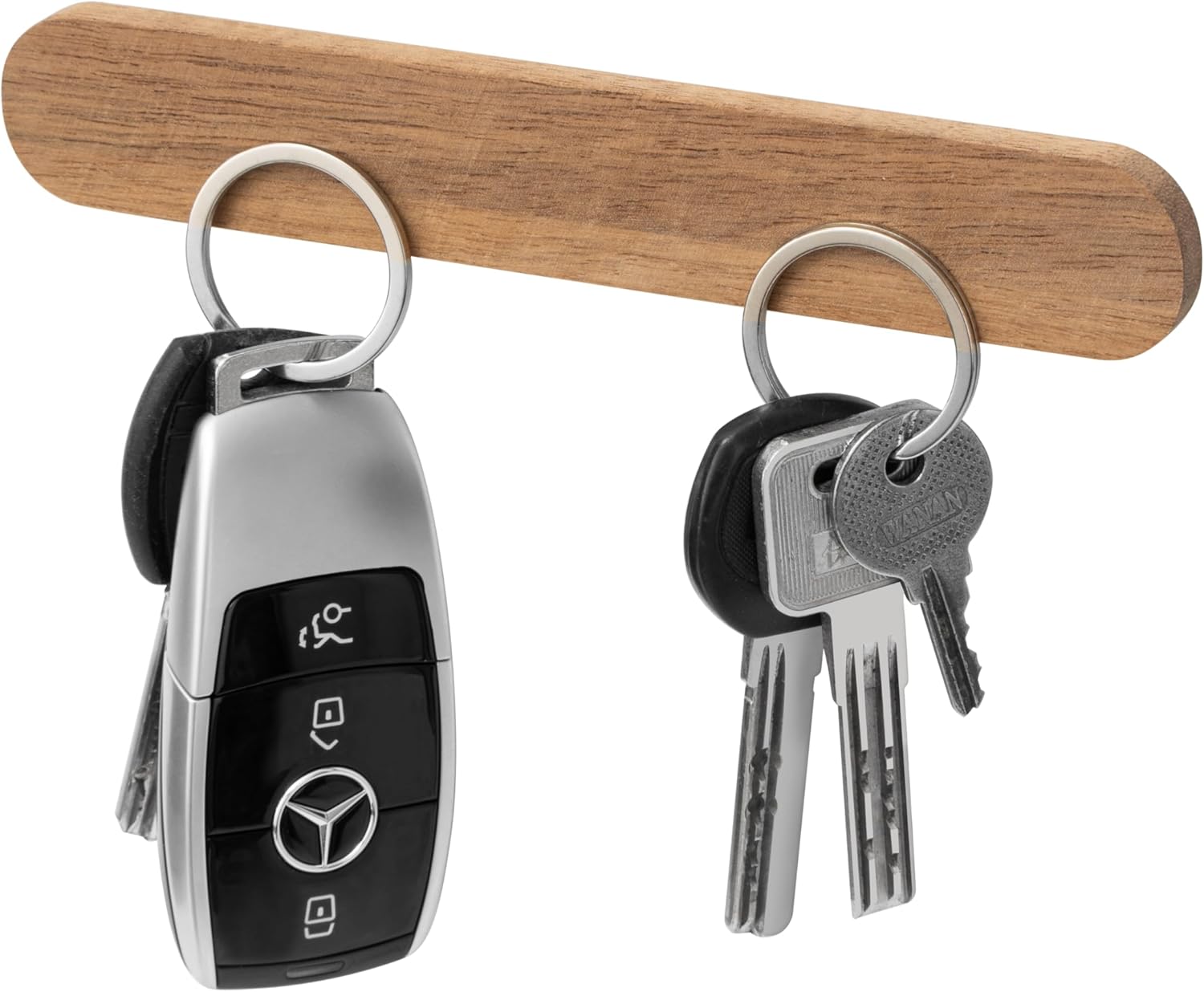 Modern Magnetic Key Holder for Wall, Solid Wood, Holds 4 Keys, and Includes 4 Metal Key Rings and Mounted by Either Magnetically or Using Self Adhesive Tape for Renter Friendly, Nail-Free Installment