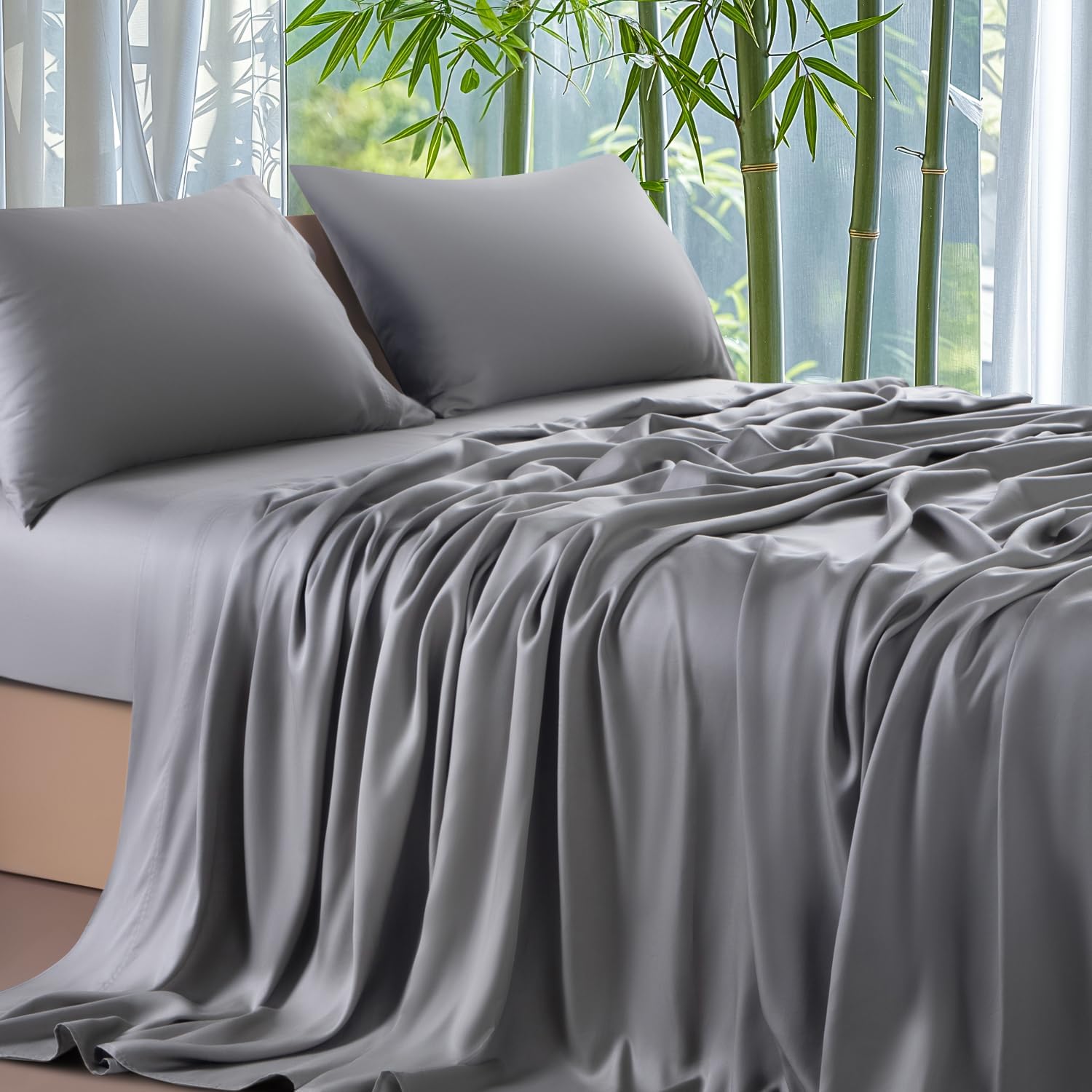 Shilucheng 100% Viscose Derived from Bamboo_ Sheets Queen Size 4pcs - Ultra Cooling & Silky Soft Bed Sheets, 16" Deep Pocket, Perfect for Hot Sleepers, Hotel Bedding Sheets (Grey) - Thumbnail 4