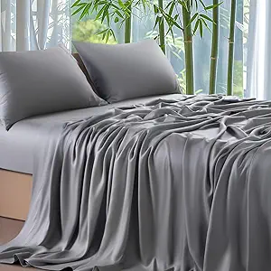 Shilucheng 100% Viscose Derived from Bamboo_ Sheets Full Size 4pcs - Ultra Cooling & Silky Soft Bed Sheets, 16" Deep Pocket, Perfect for Hot Sleepers, Hotel Bedding Sheets (Grey)