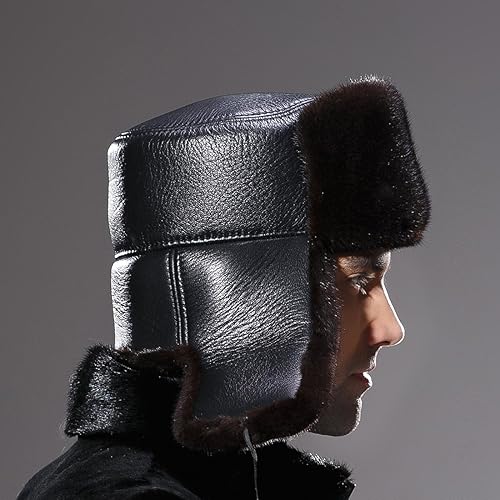 Miniatura 7 de URSFUR Gorra de cuero para hombre rusa Ushanka sombrero de invierno real visón trampero