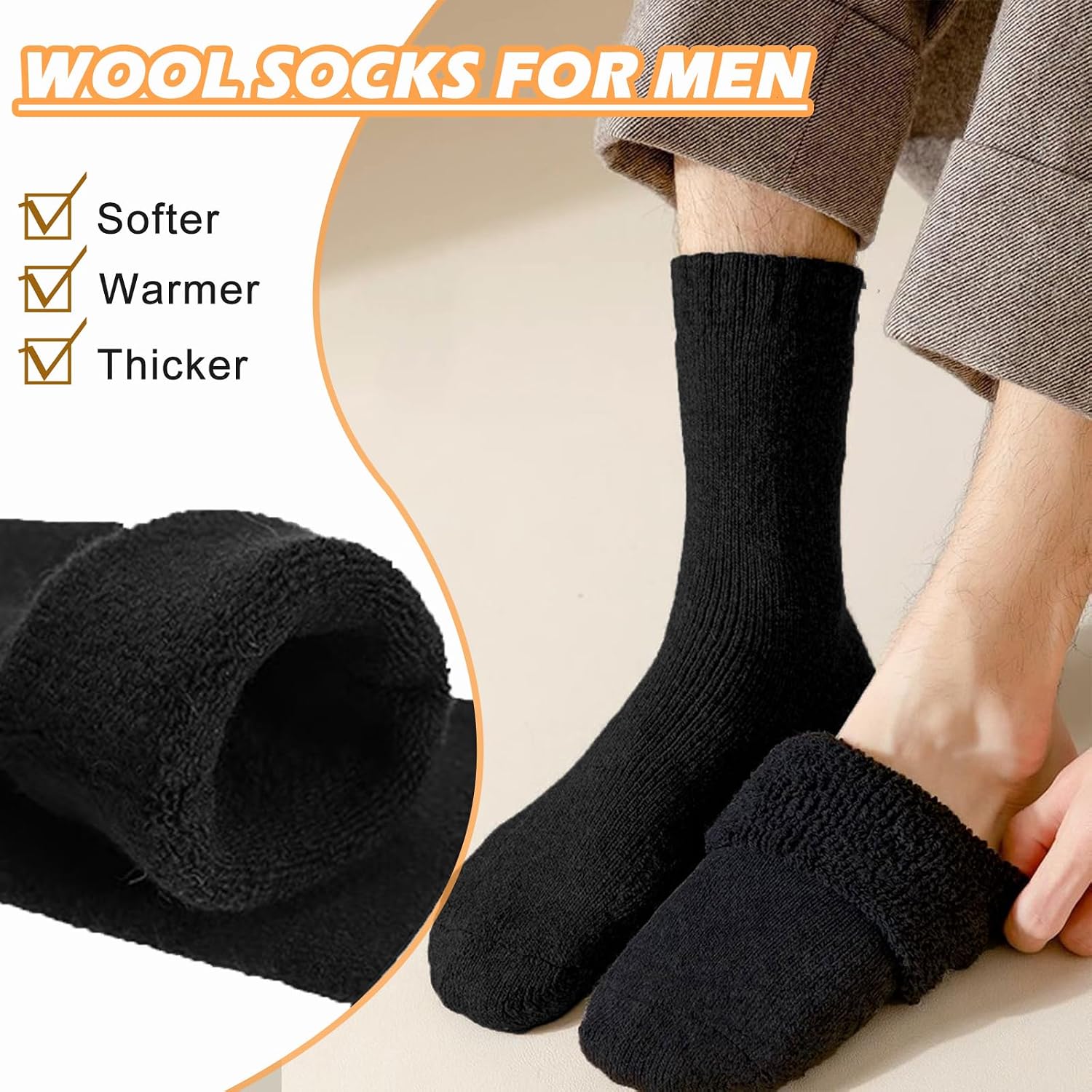 Josnown 5 Pairs Wool Socks Mens, Thick Warm Winter Thermal Cozy Boot Socks