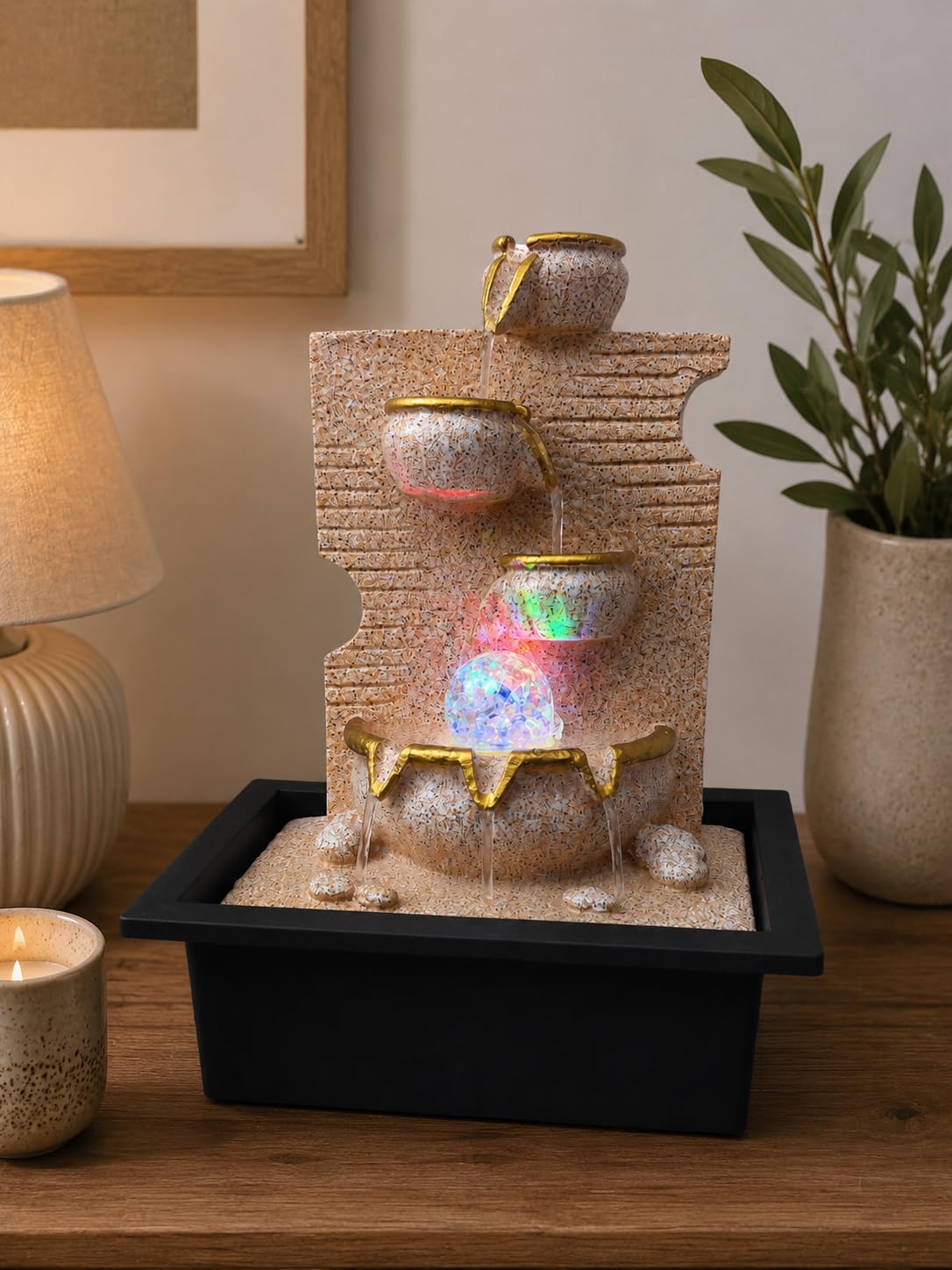 Designer Polyresin Indoor Water Fountain with 3-Step Diya Cascade, Crystal Ball, LED Lights & Water Tub | Stone Color Tabletop Waterfall Fountain for Home, Office & Temple Dcor | Size: 11.5 x 9 Inch.-image-28