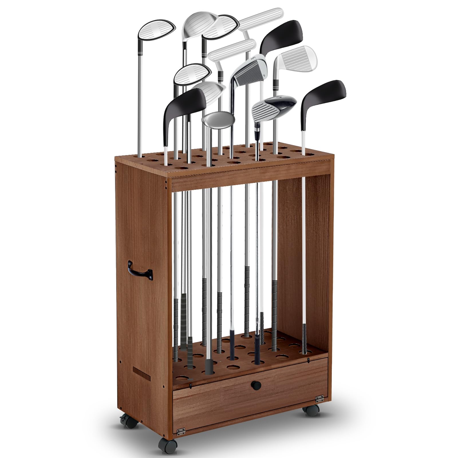 Silipull Golfschlägerständer mit 27 Löchern, Holz, für Golfschläger mit Schublade und Rad für den Innenbereich, Zuhause, Büro, Simulator, Garage