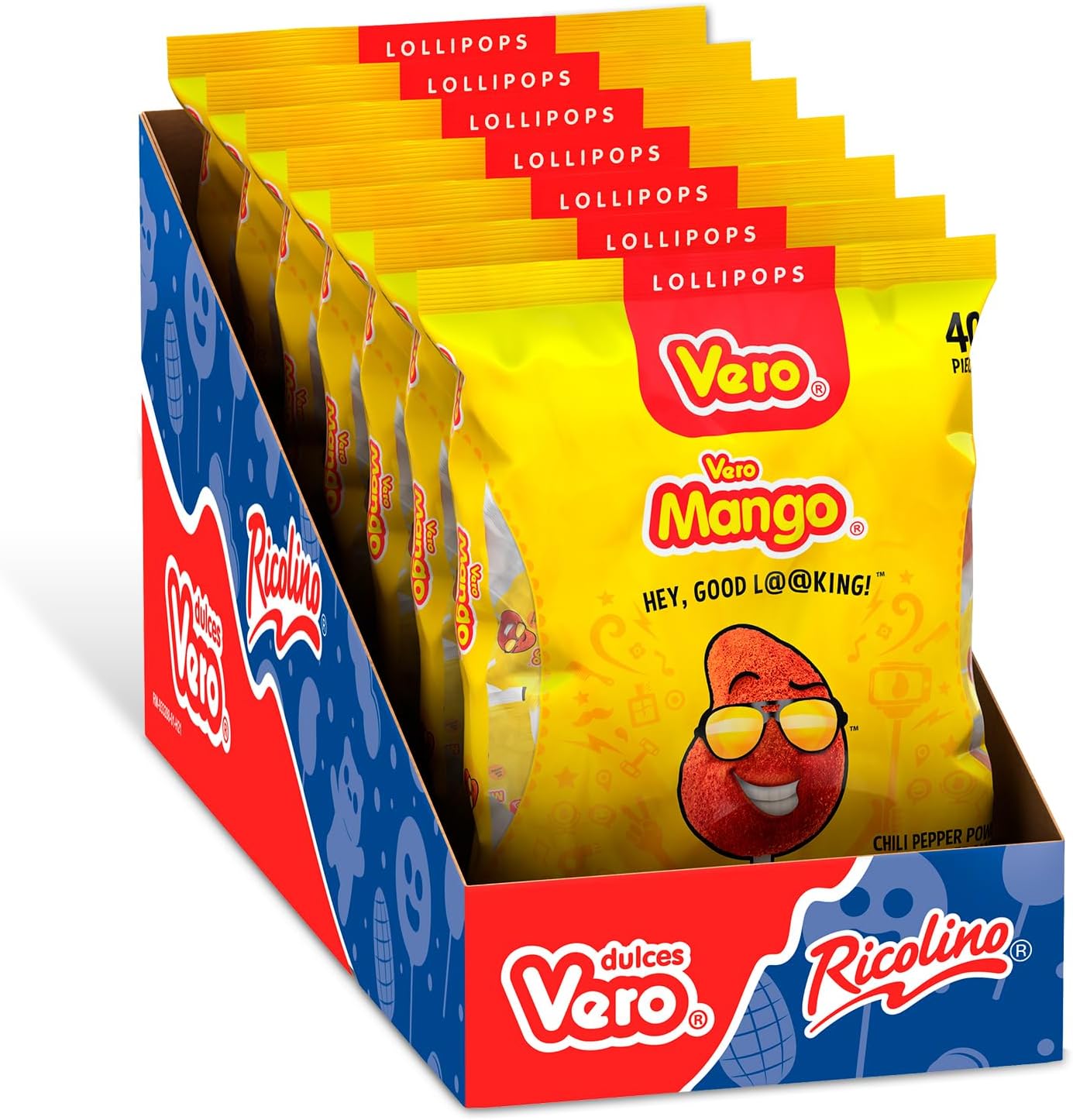 Mango Flavored Lollipops Covered in Chili Powder 7 Bags, 40 Count Each (Net Wt. 167.86 Ounces) - Individually Wrapped Mexican Candy for Piñatas, Halloween, and More.