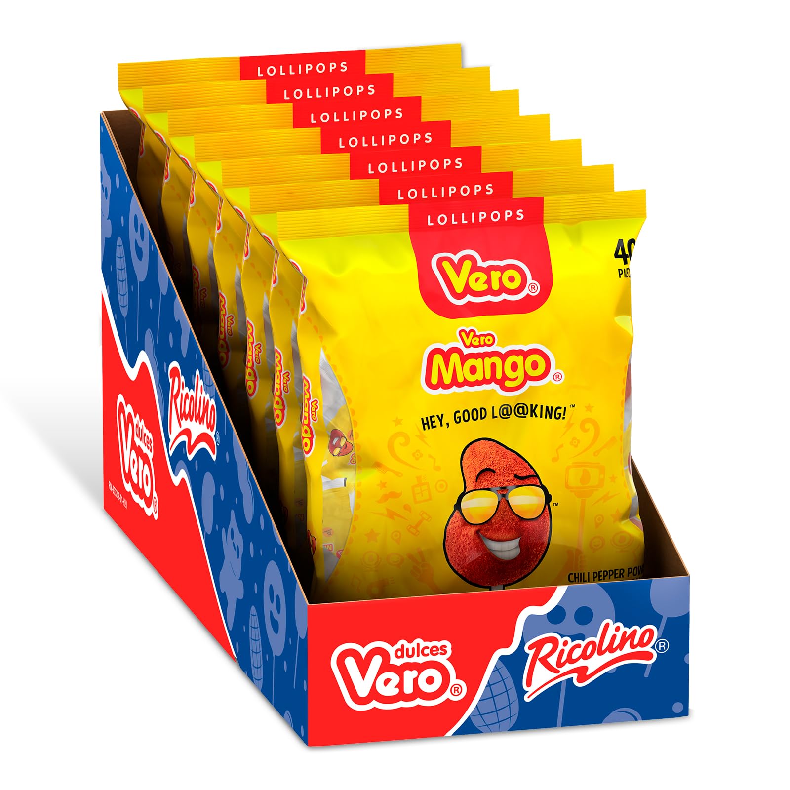 Vero Mango Flavored Lollipops Covered in Chili Powder 7 Bags, 40 Count Each (Net Wt. 167.86 Ounces) - Individually Wrapped Mexican Candy for Piñatas, Halloween, and More.