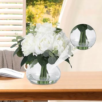 Lifelike Artificial Flower Arrangements with 4 Roses + 4 Peonies in Glass Vase with Faux Water for Wedding & Home Table Centerpieces
